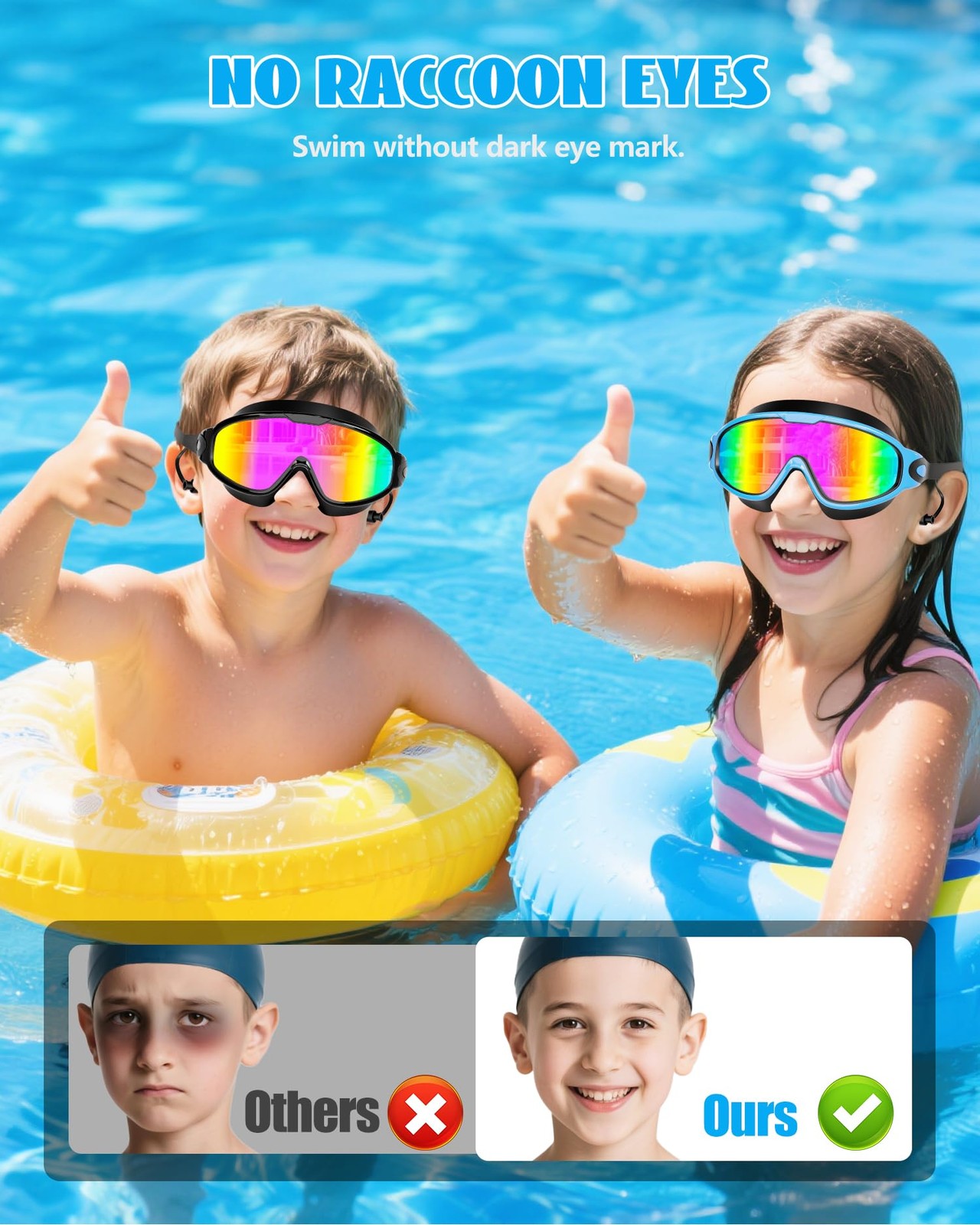 Kids 2 Pack Wide View Swim Goggles, Anti-Fog/UV No Leak Goggles with Ear Plugs