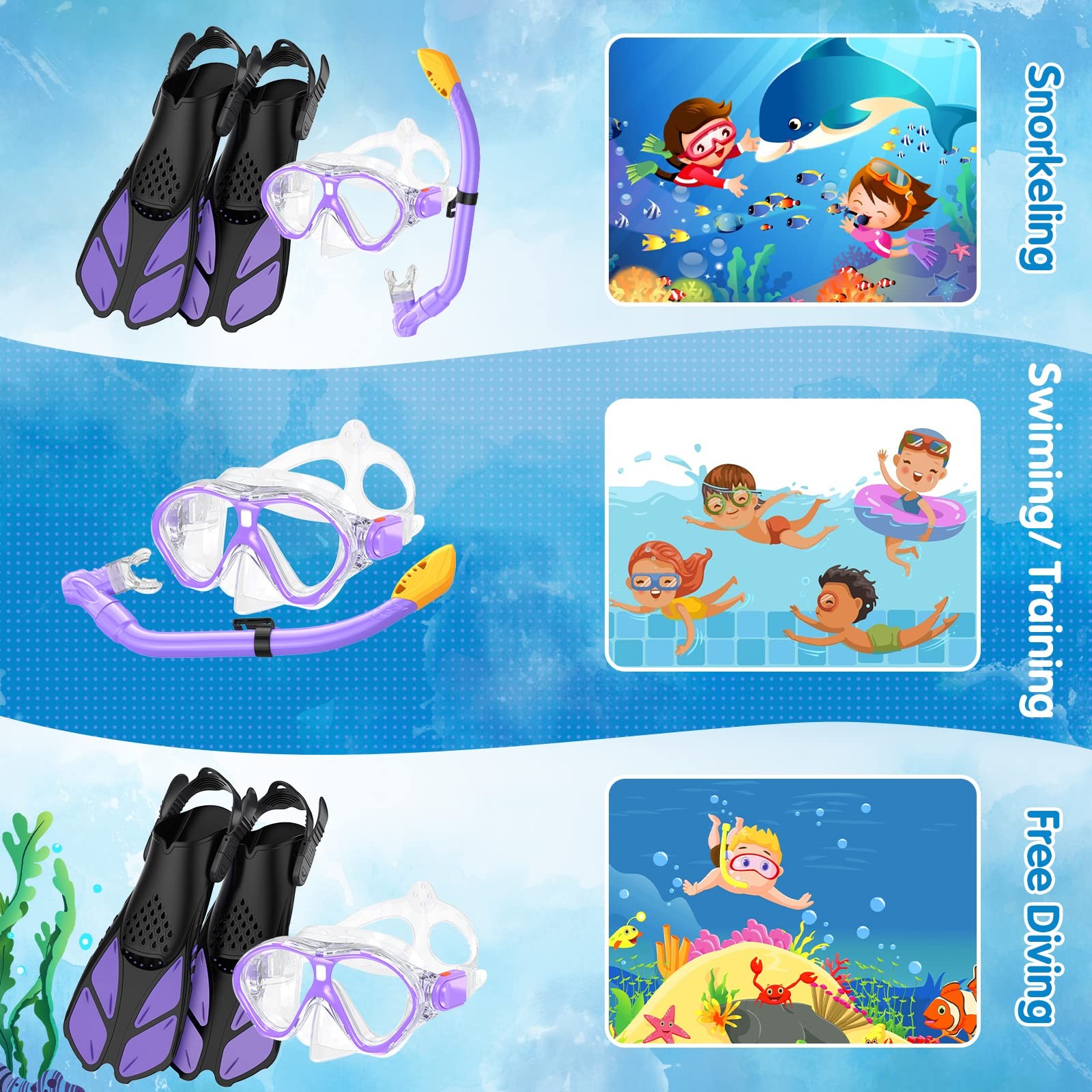 Seovediary Kids Snorkel Set Mask Fins Snorkeling Gear For Kids Anti-Fog Swim