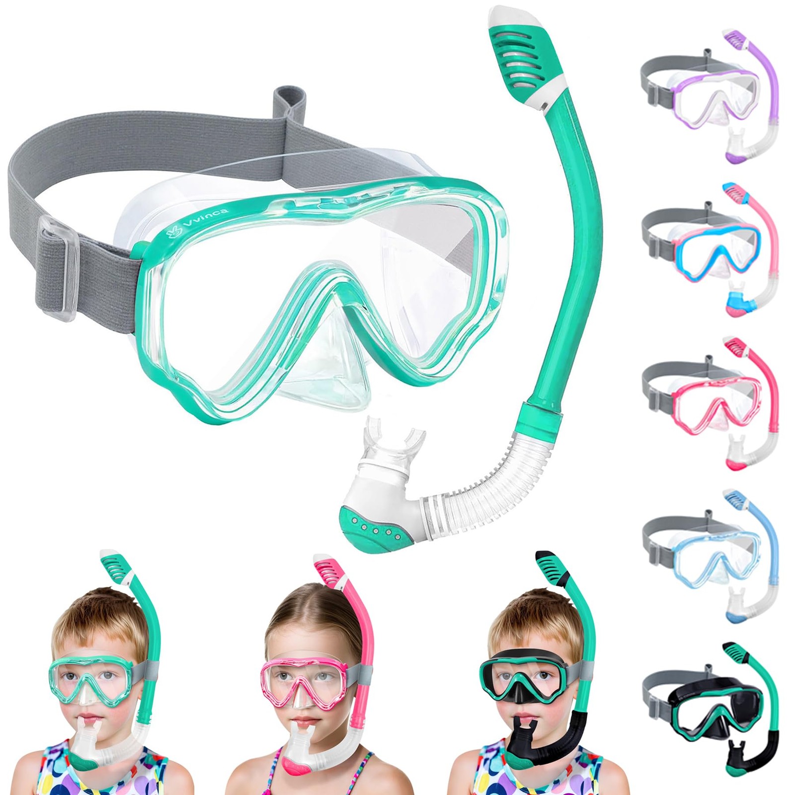 Vvinca Snorkeling Gear for Kids Dry Top Snorkel Set Boys A-Green