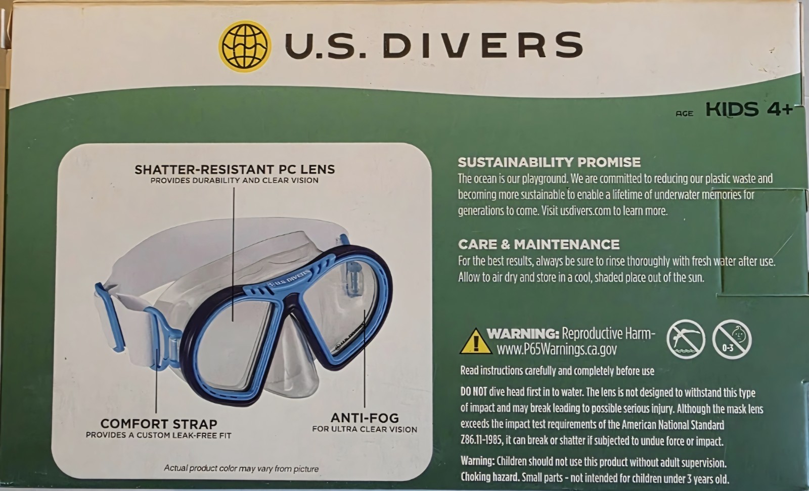 U.S. DIVERS Toucan Kid Kids Snorkel Mask Shatter Resistant Age 4+ Pink & Blue