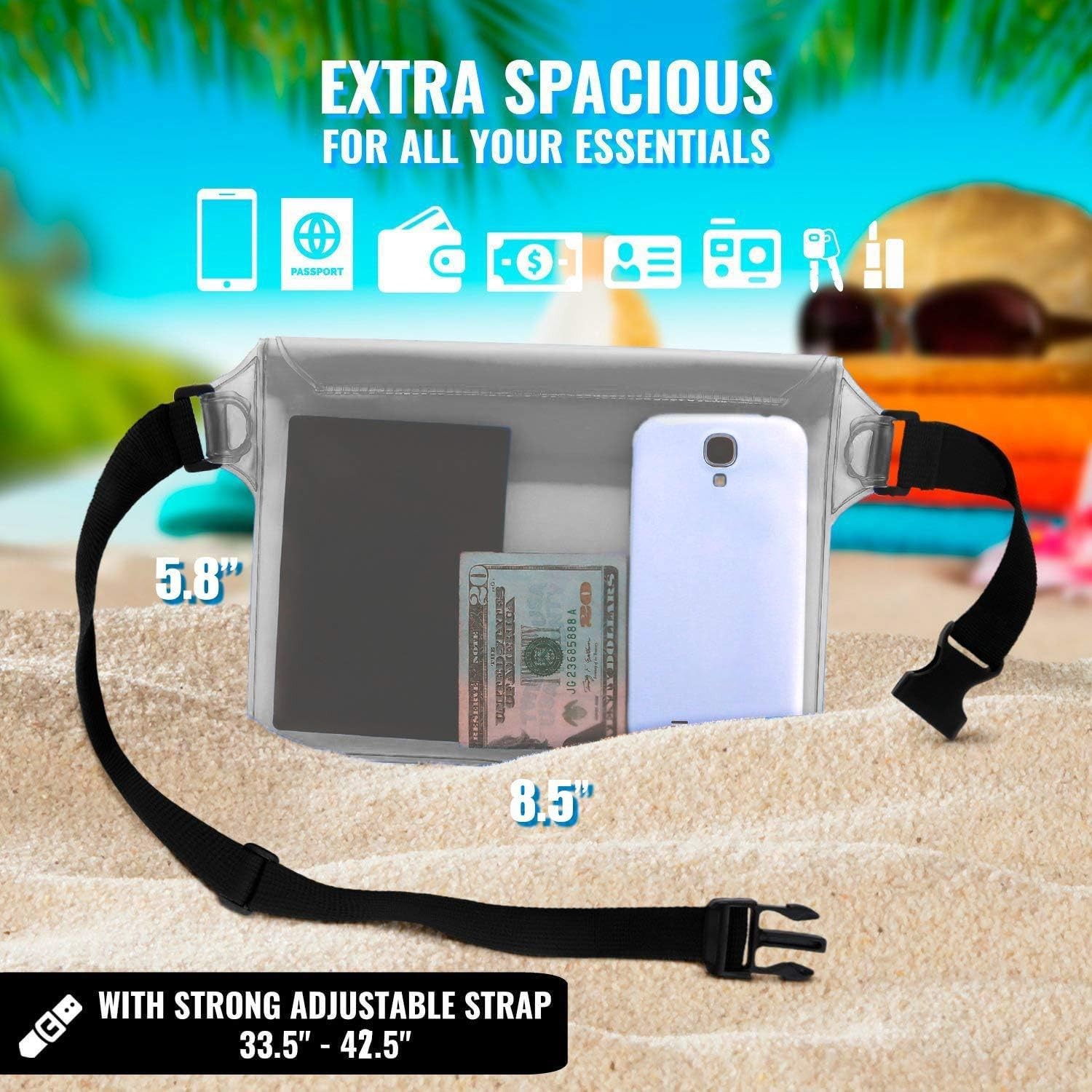 AiRunTech Waterproof Pouch with Waist Strap 2 pack fanny pack, Clear +