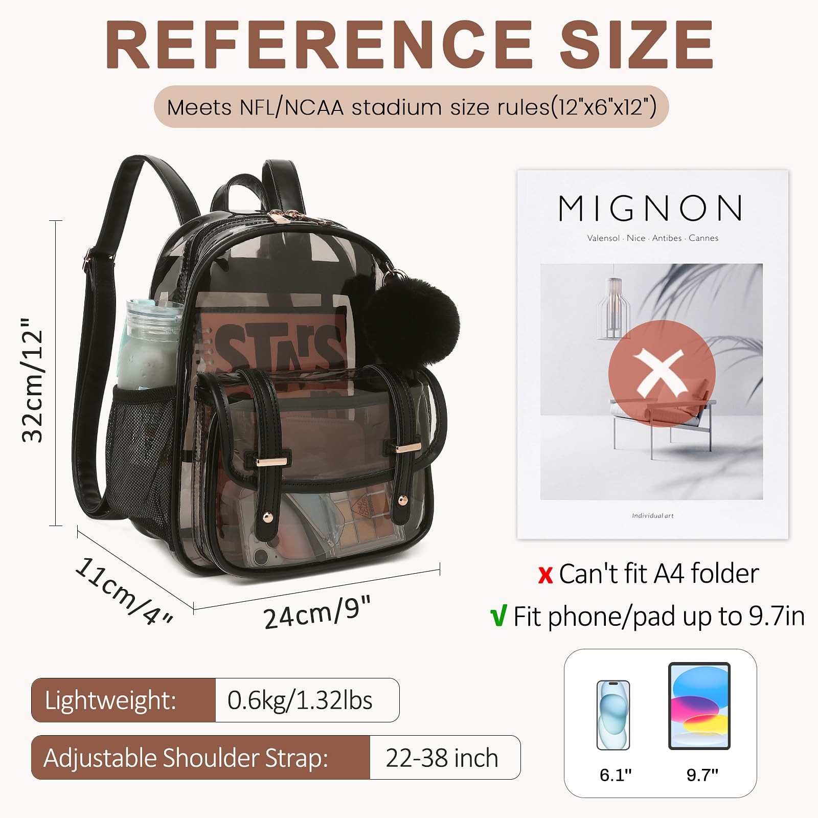 Clear Backpack for Stadium Events, 12x 12.59 x 9.44 x 4.33 inches, Semi Black