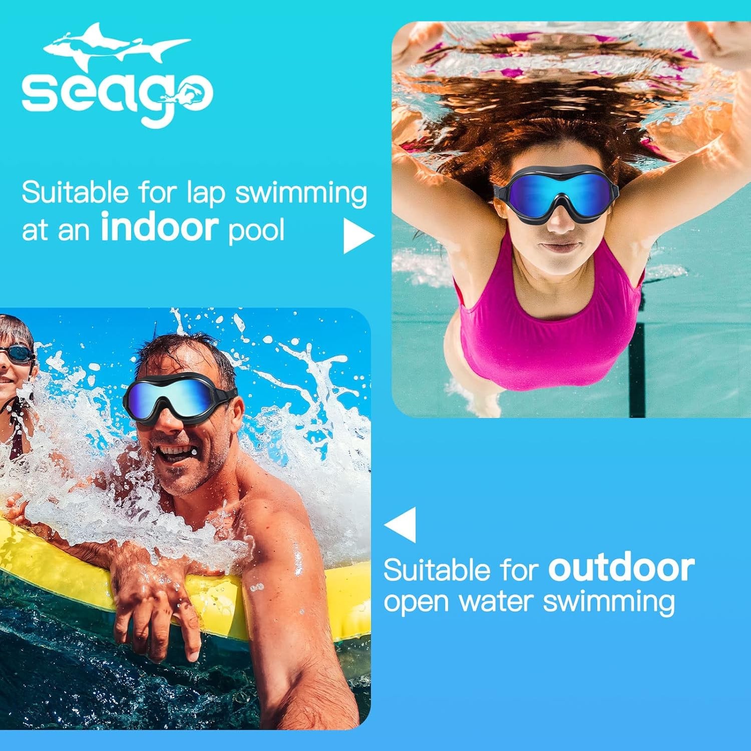 Swim Goggles No Leaking Anti-Fog Pool Black With Mirrored Blue