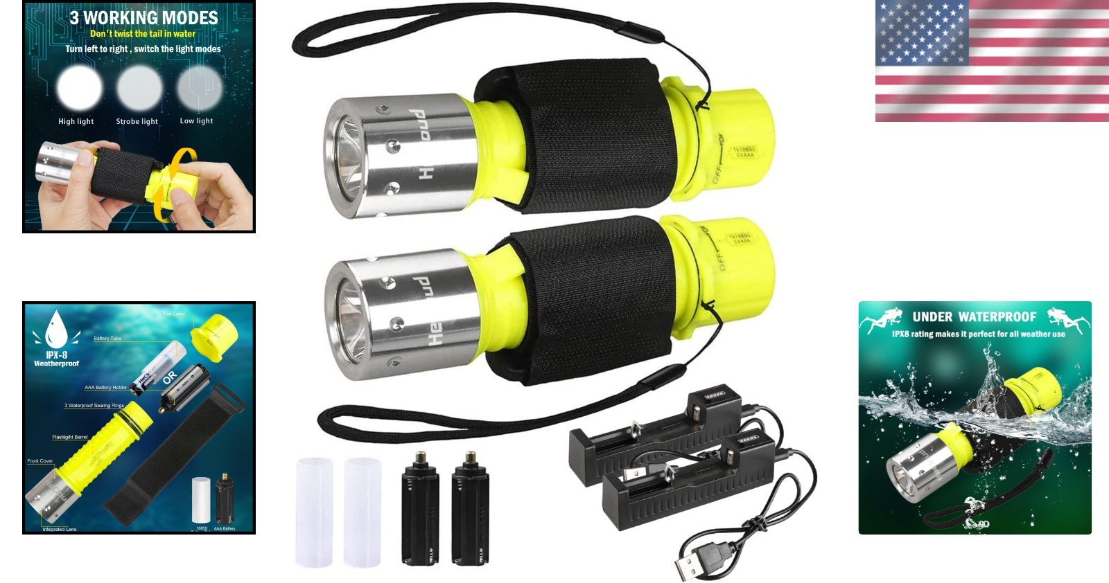 Portable Diving Flashlight Waterproof LED Light with 3 Modes for Outdoor Sports