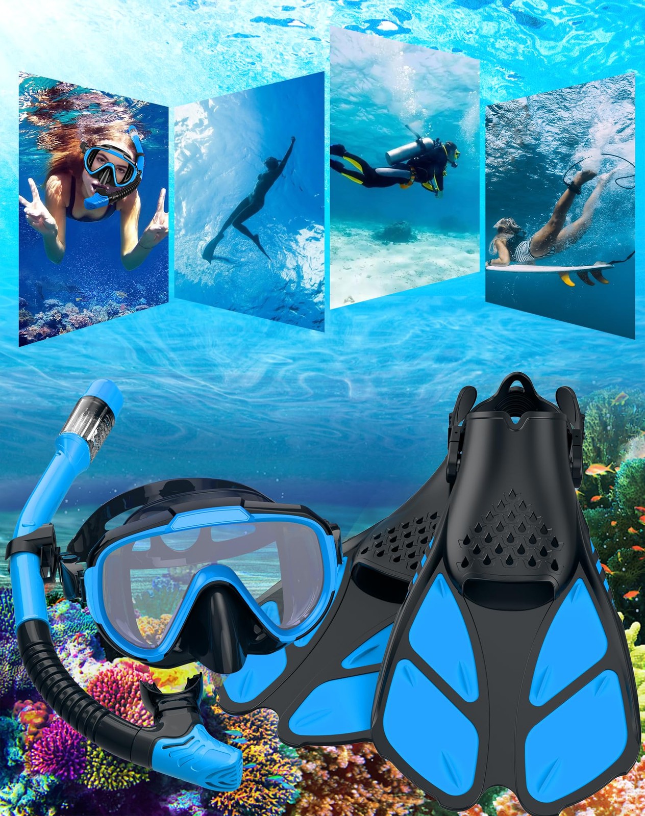 Ubekezele Snorkeling Gear for Adults Men Women,4 in 1 ML/XL, LightBlue
