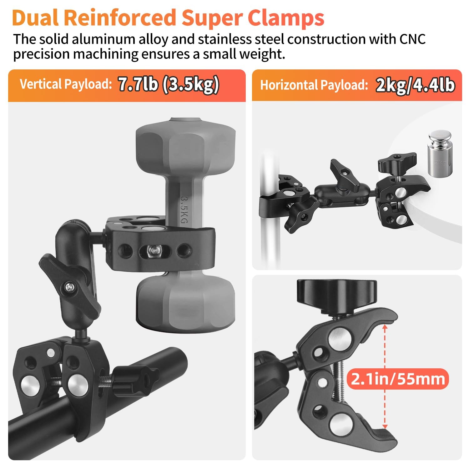 YAYOYA Double Super Clamp Camera Mount, Umbrella Holder Bracket 50mm, Black