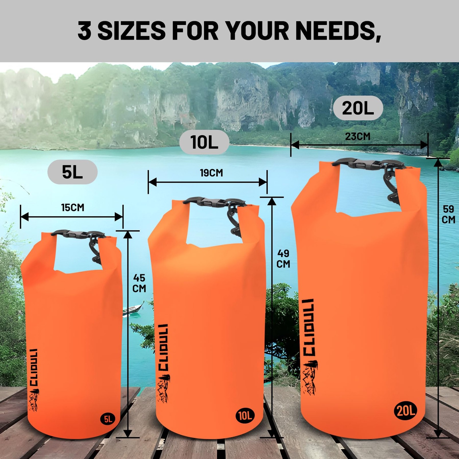 Cliduli Waterproof Dry Bag,Roll Top Orange Small 5L, Orange-A