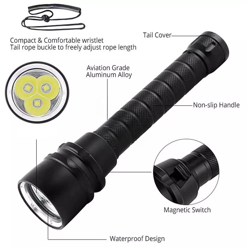 Underwater LED Diving Flashlight 90000lm Waterproof Rechargeable Torch Lamp