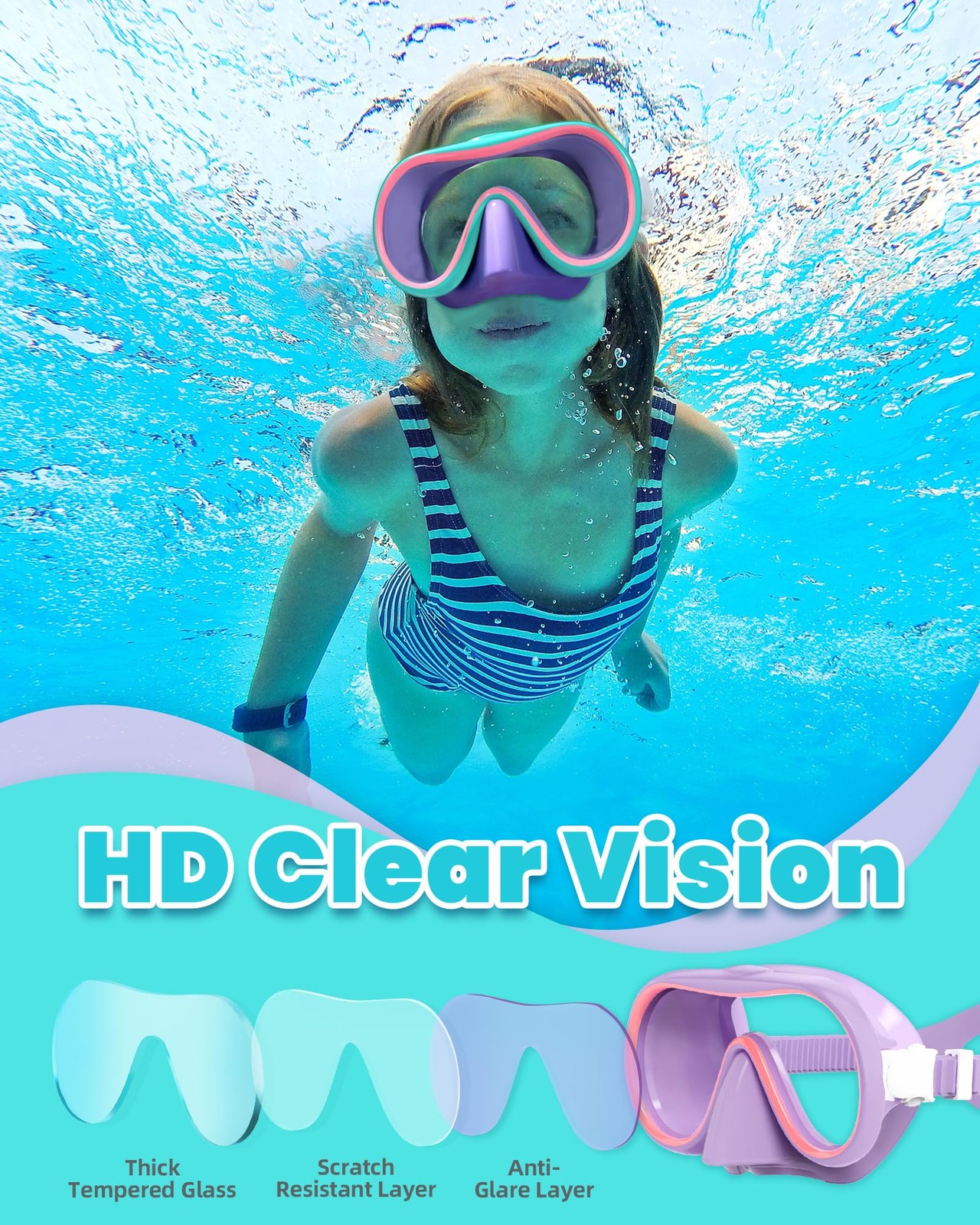 Seago Kids Swim Goggles with Nose Cover One Size, Purple White & Green
