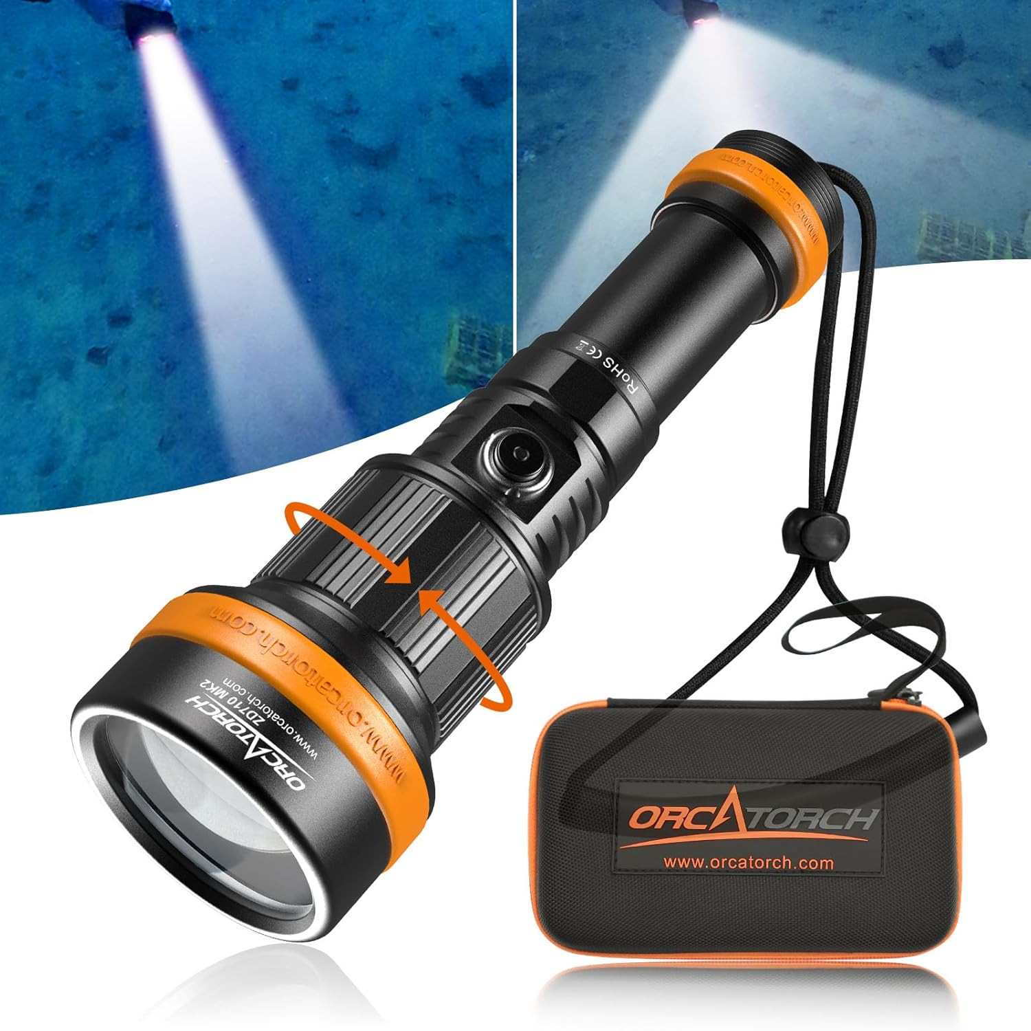 ORCATORCH ZD710 MK2 2-In-1 Zoomable Dive Light, 4-72 Degrees Adjustable Beam Scu