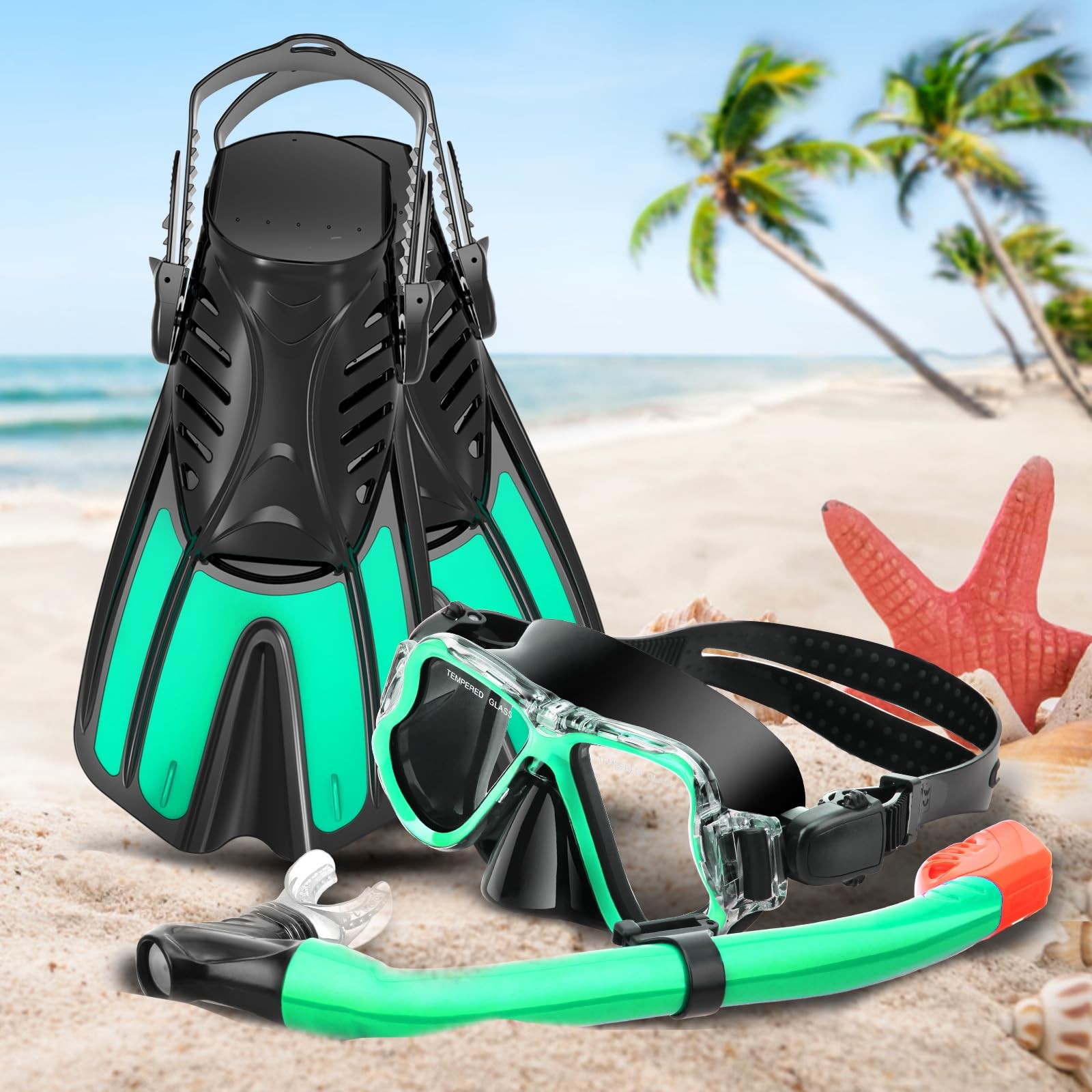 CTSAYTL Snorkeling Gear for Kids, 4 1-4(32-36) With Fins, Turquoise-(4 in1)