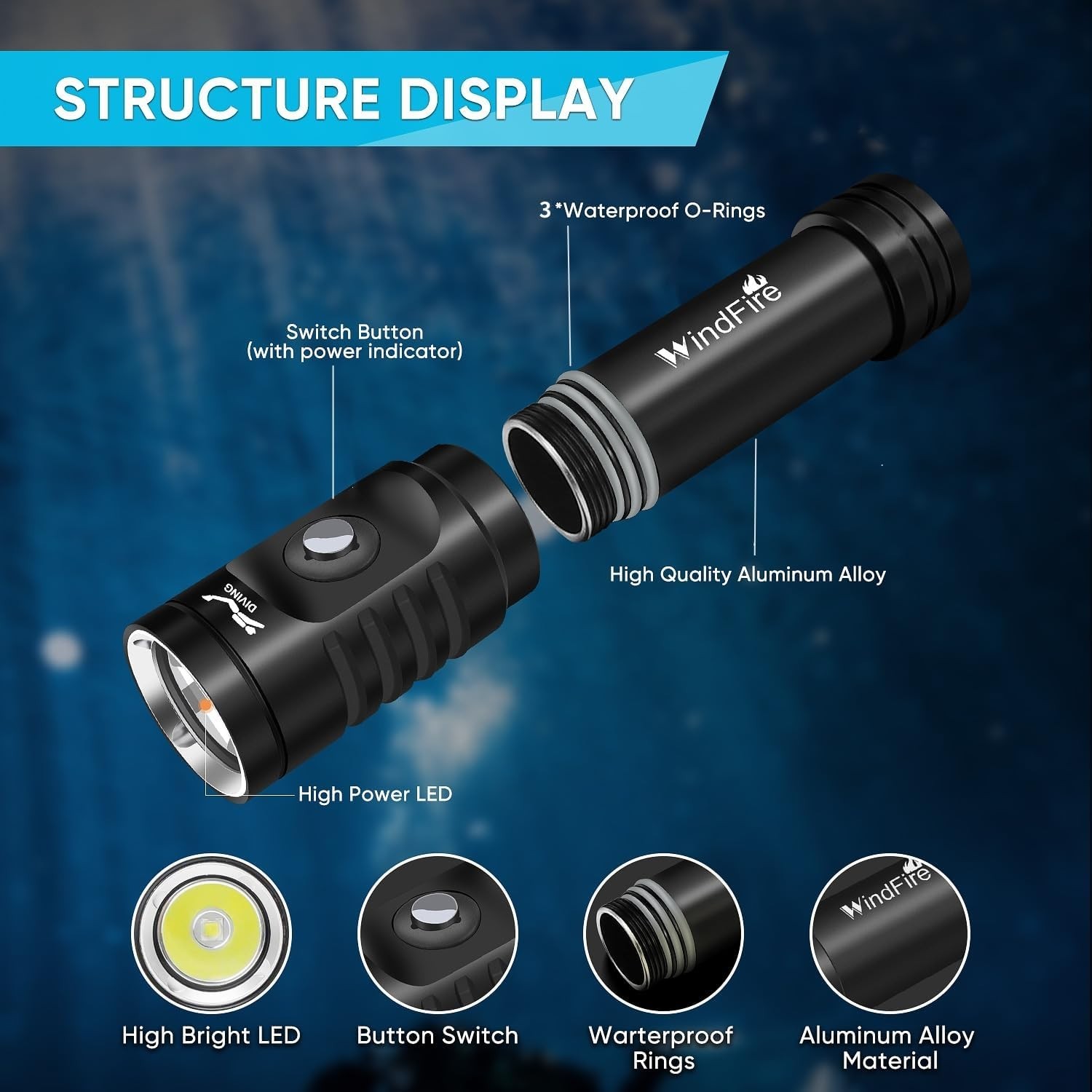 Underwater Dive Light LED 5000 Lumens Waterproof Rechargeable 3 Modes