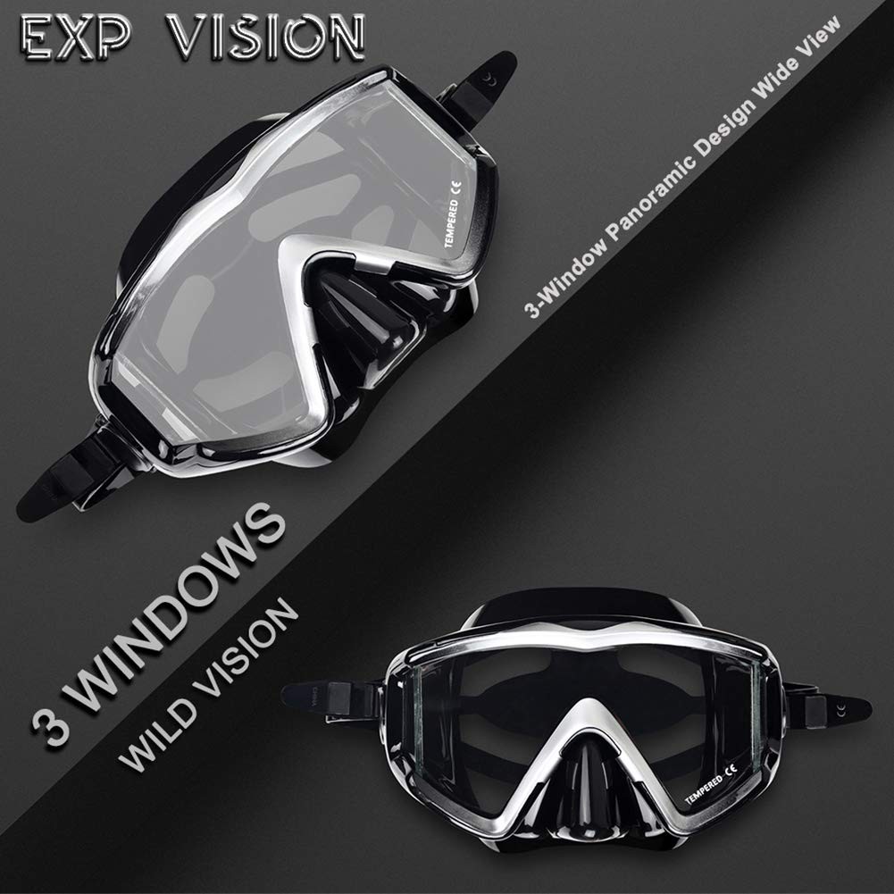 Adult Pano 3 Window Scuba Diving , Tempered Glass Snorkel Anti-Fog Swim No Le…