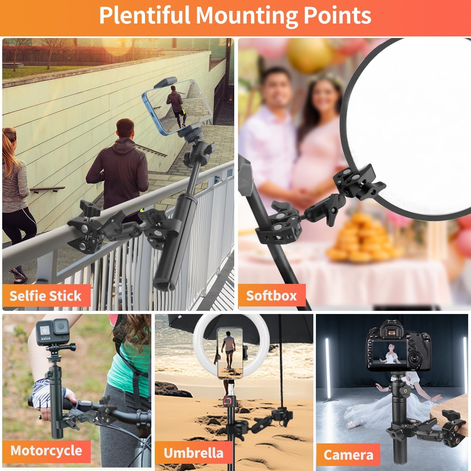 YAYOYA Double Super Clamp Camera Mount, Umbrella Holder Bracket 50mm, Black