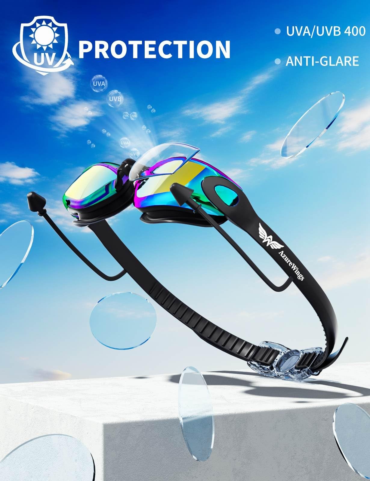 AzureWings 7 in 1 Swim Goggles + Cap One Size, Black-electroplate-gold