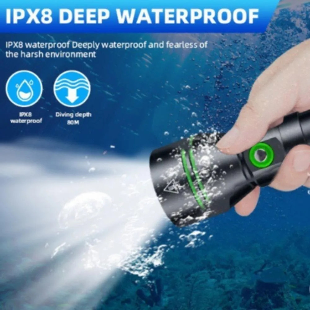 80M Underwater LED Diving Flashlight IPX8 Waterproof Scuba Dive Torch Light