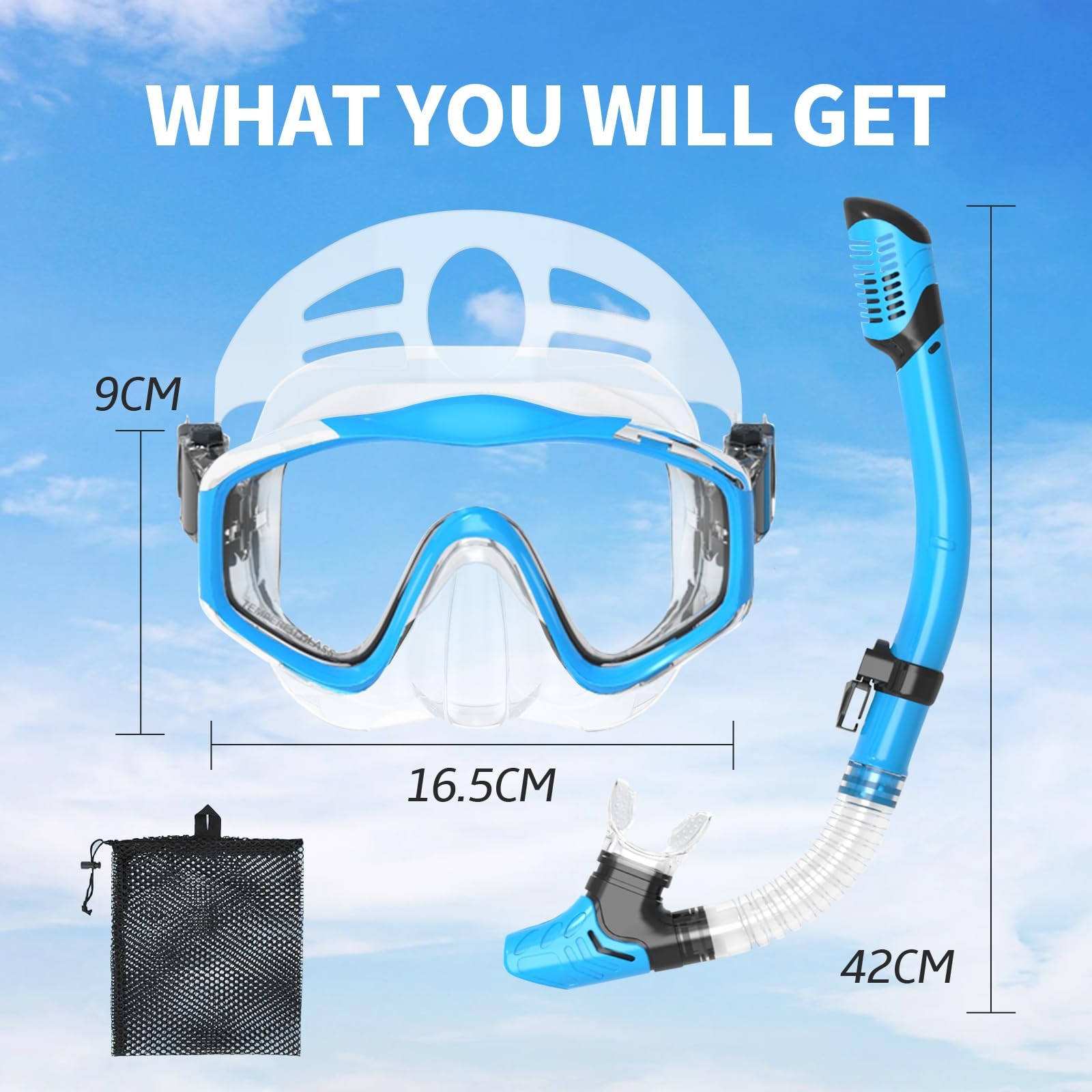 Snorkeling Gear for Adults,Dry-Top Snorkel Set with Tempered Blue