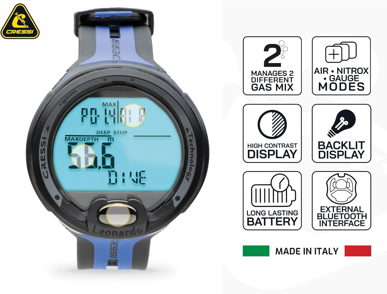 Cressi Leonardo 2.0 Scuba Dive Computer – Air, Nitrox & Gauge Dive Watch – Backl