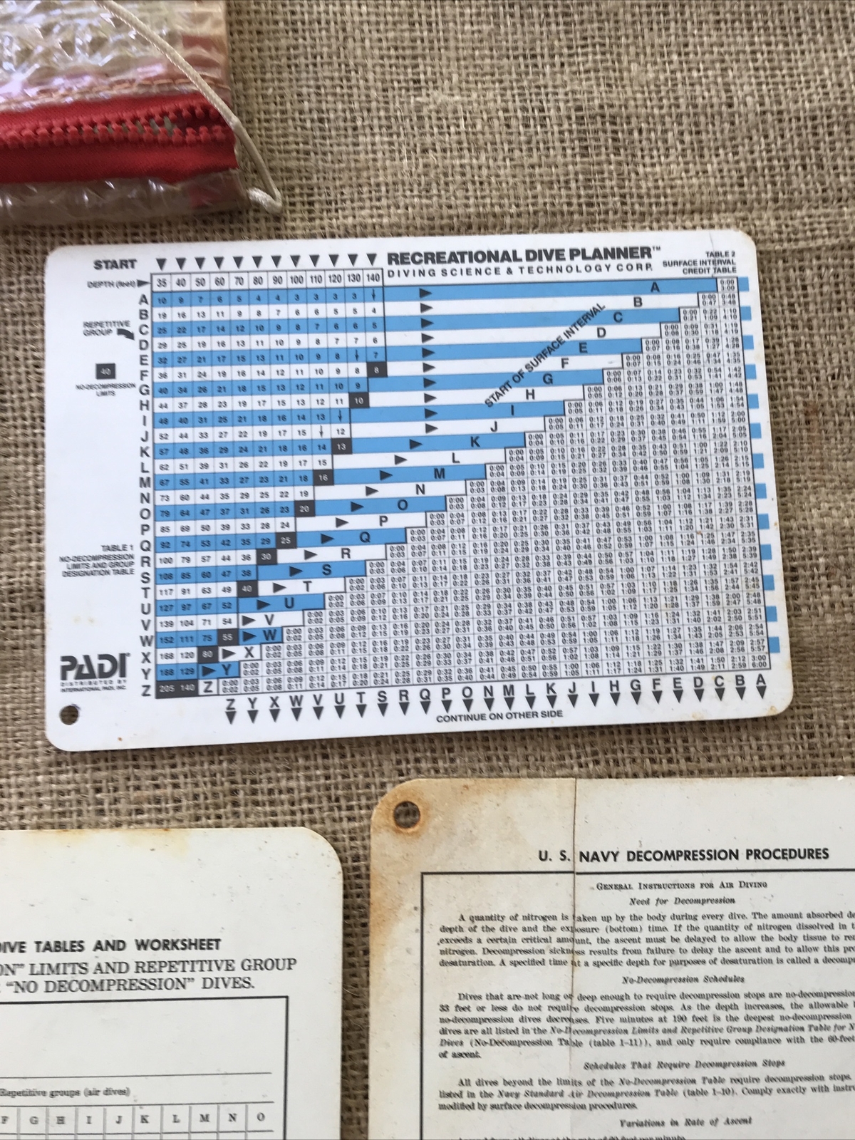 Vintage LOT Padi US Navy 2-Sided Recreational Dive Planner Decompression Table