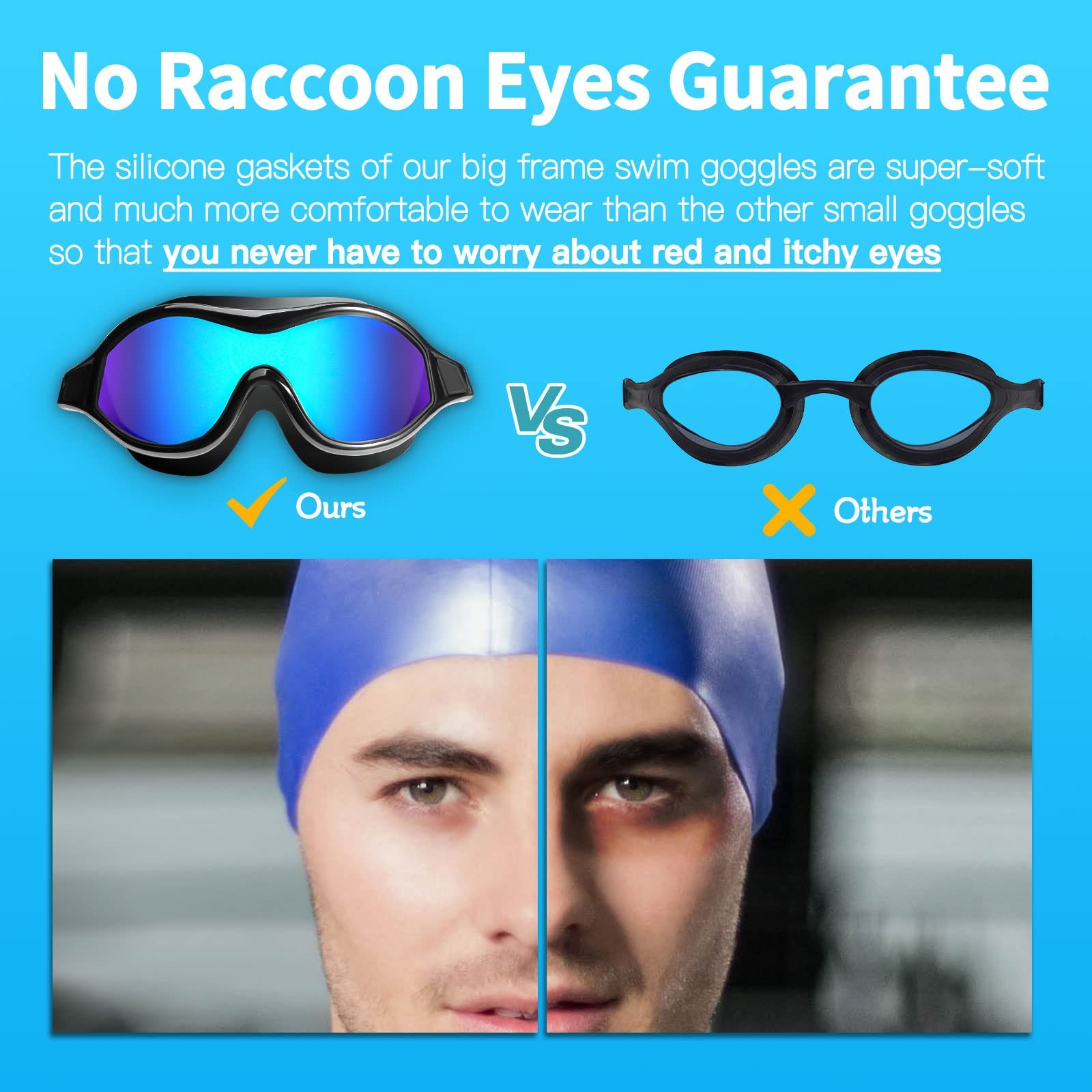 Seago Swim Goggles No Leaking Anti-Fog One Size, Black With Mirrored Blue