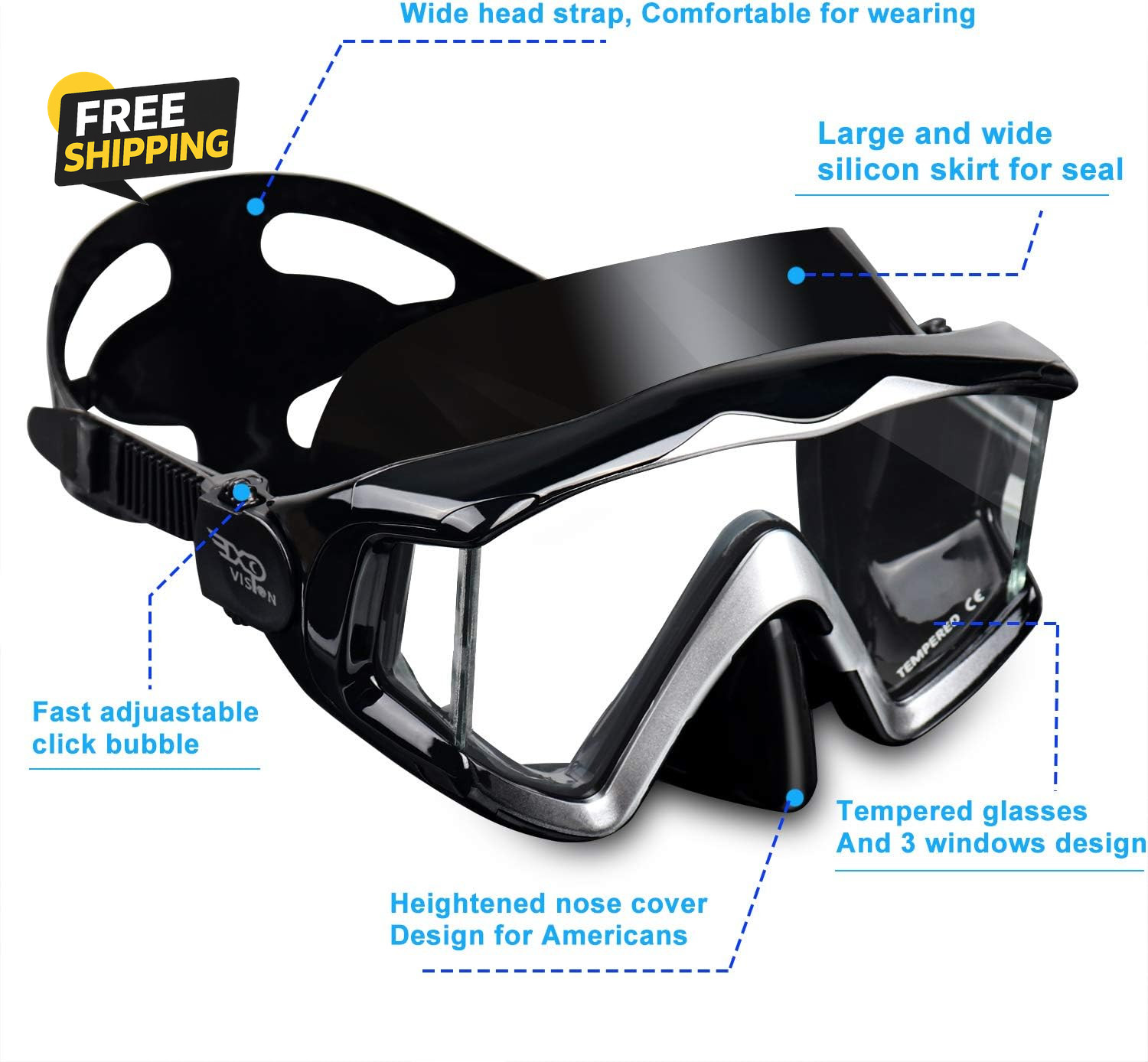 Adult Pano 3 Scuba Diving Mask, Tempered Glass Snorkel Mask Anti-Fog Swim