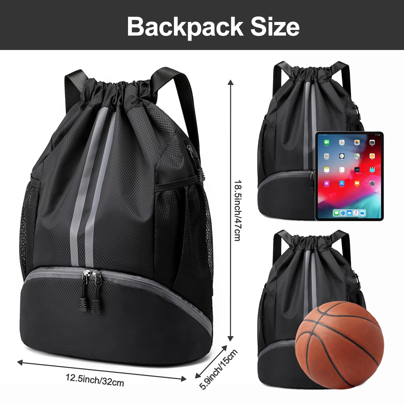 Hoedia Sports Drawstring Backpack – String Swim Gym Bag with Large, Black