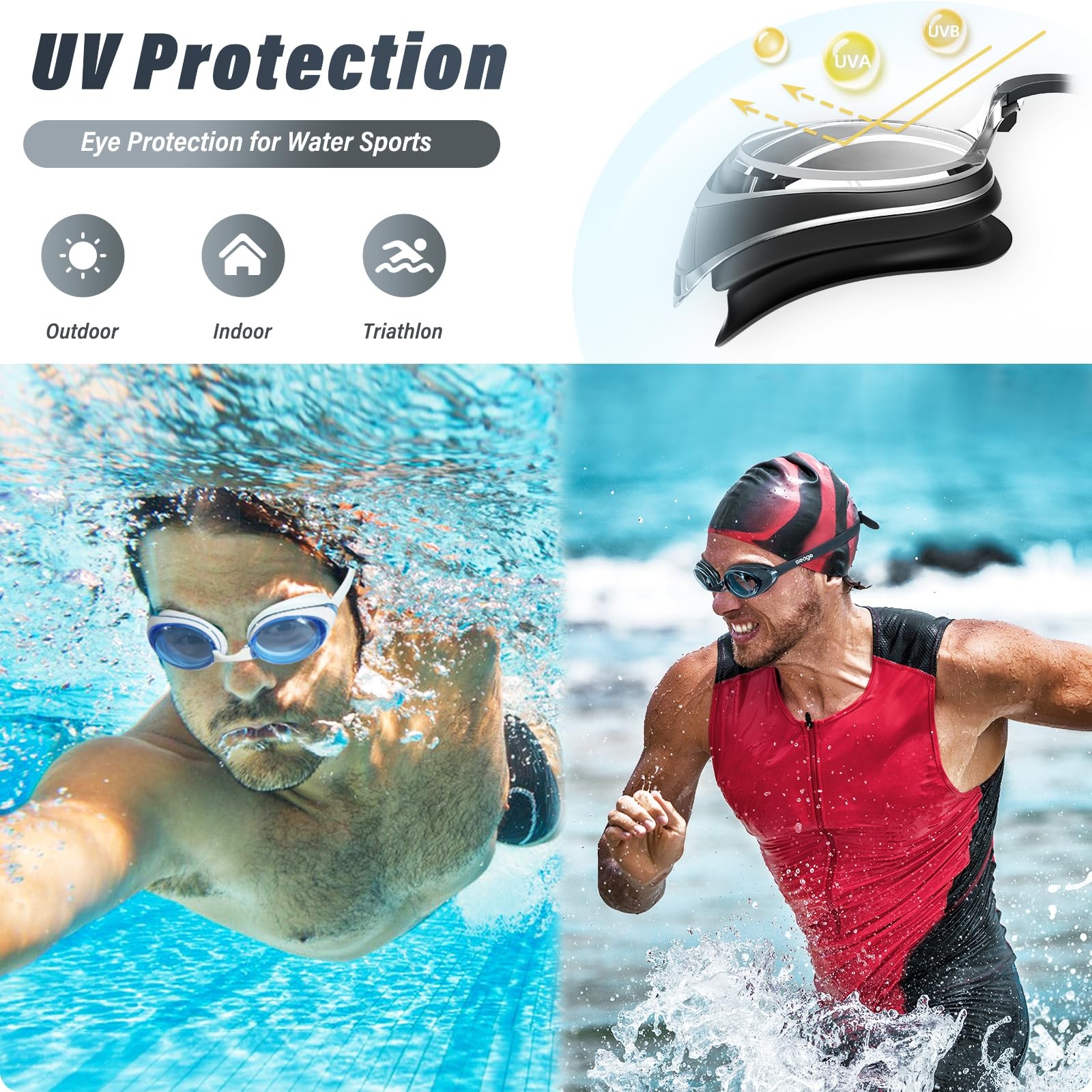 SSeago 2 Pack Swimming Goggles Anti-Fog Anti-UV Silicone Adult Men Women