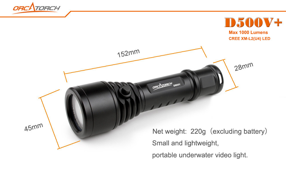 Orca D500V+ Dive Scuba LED Light Super Bright Movie Day Lite Durable Aiuminum