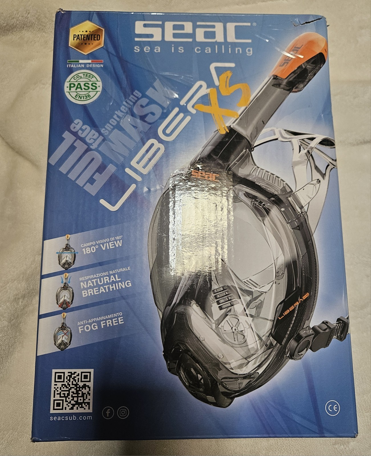 Seac Libera Full-Face Snorkel Mask Aquamarine/Orange Sz XS New in Original Box