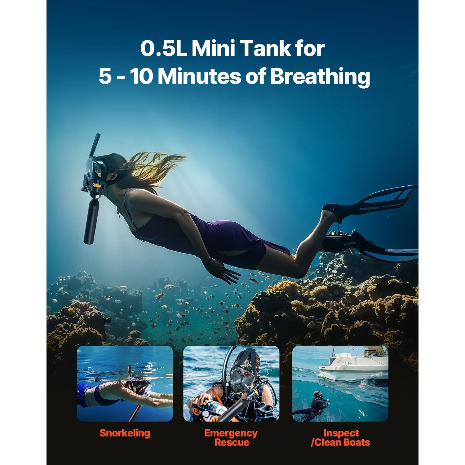 0.5L Scuba Tank Kit, 98.43ft Depth, 10 Min Breath with Mask