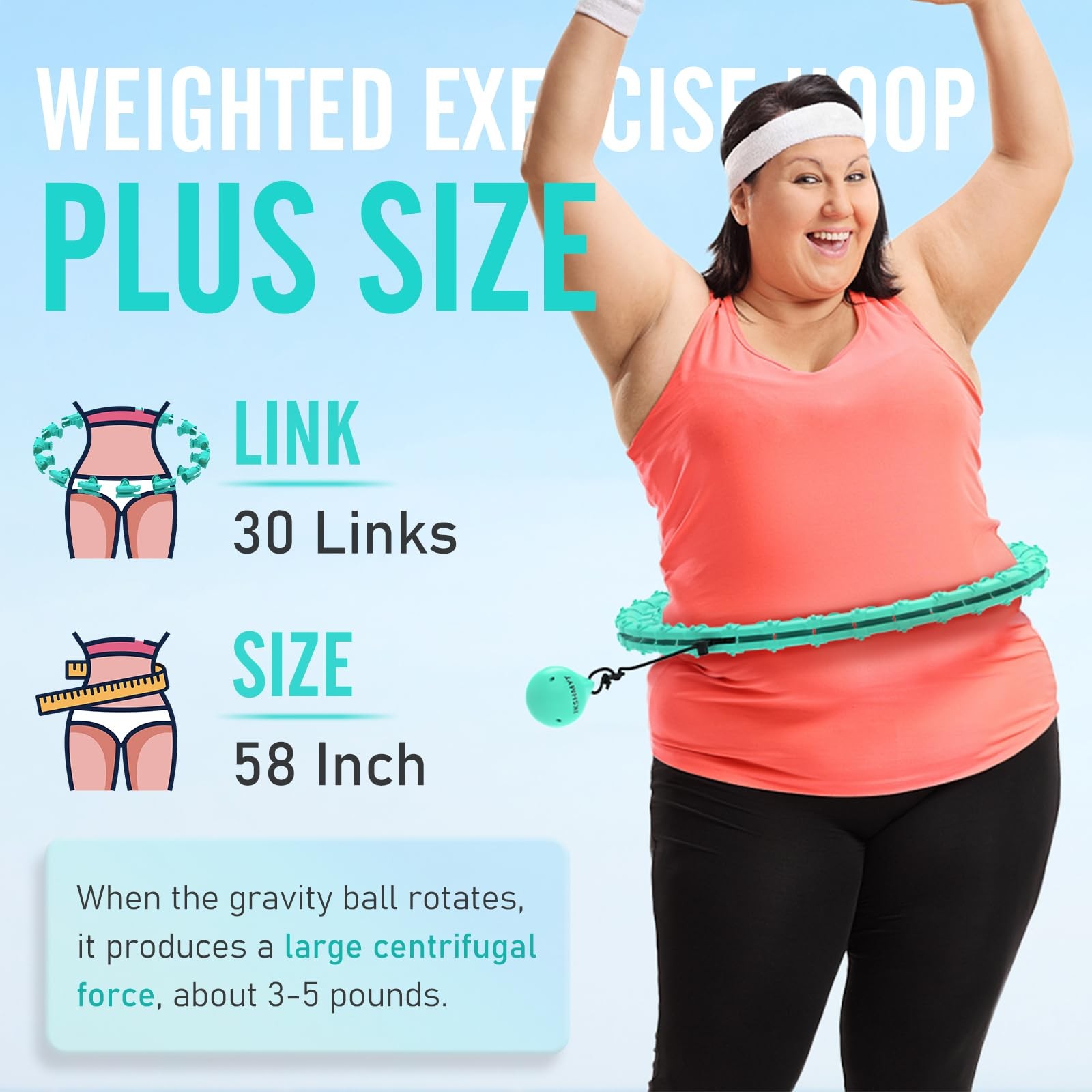 JKSHMYT Weighted Hula Circle Hoops for Adults Weight Loss, 58 inch, cyan