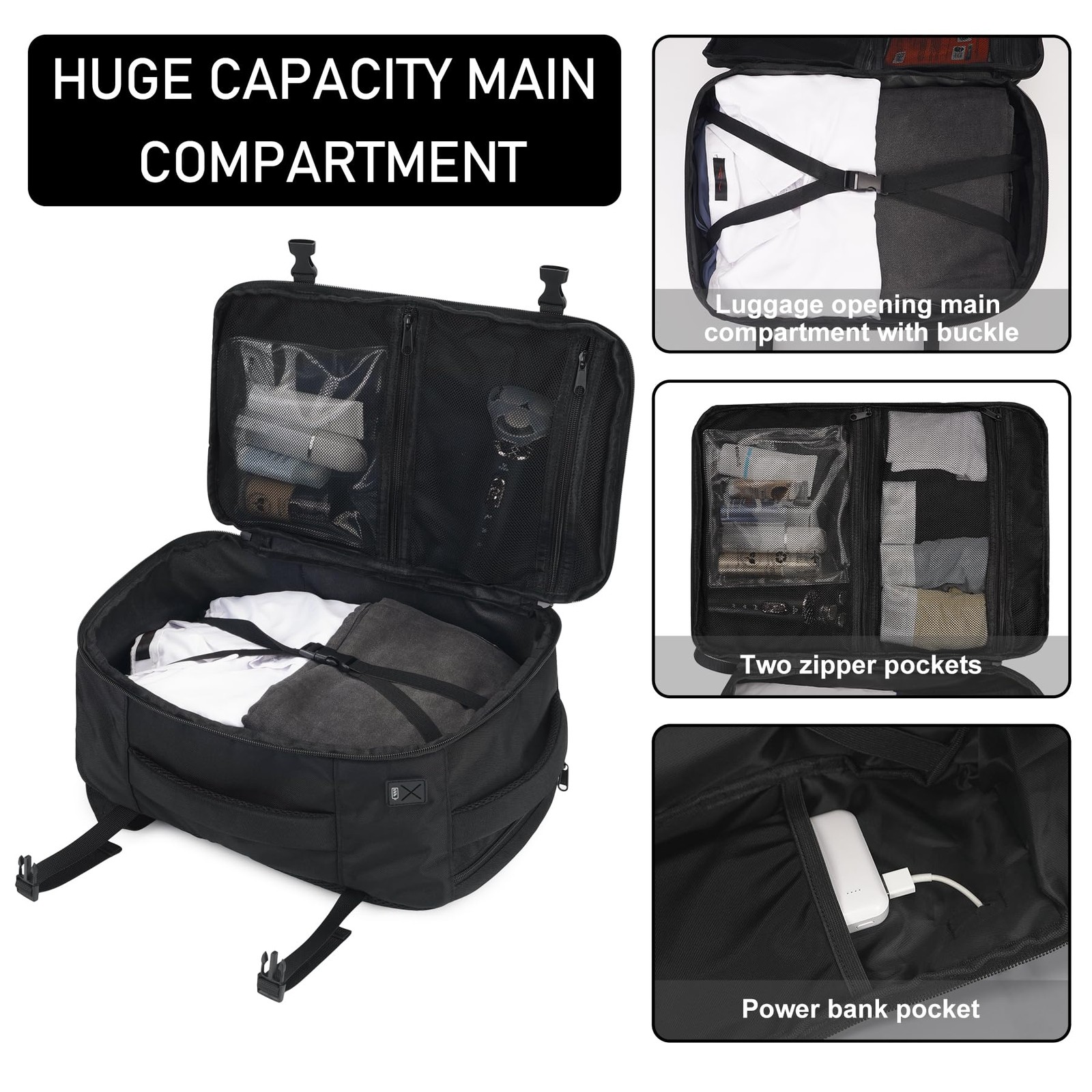ECOHUB Travel Backpack 18x14x8 Spirit Airlines 18 inch underseat, Black