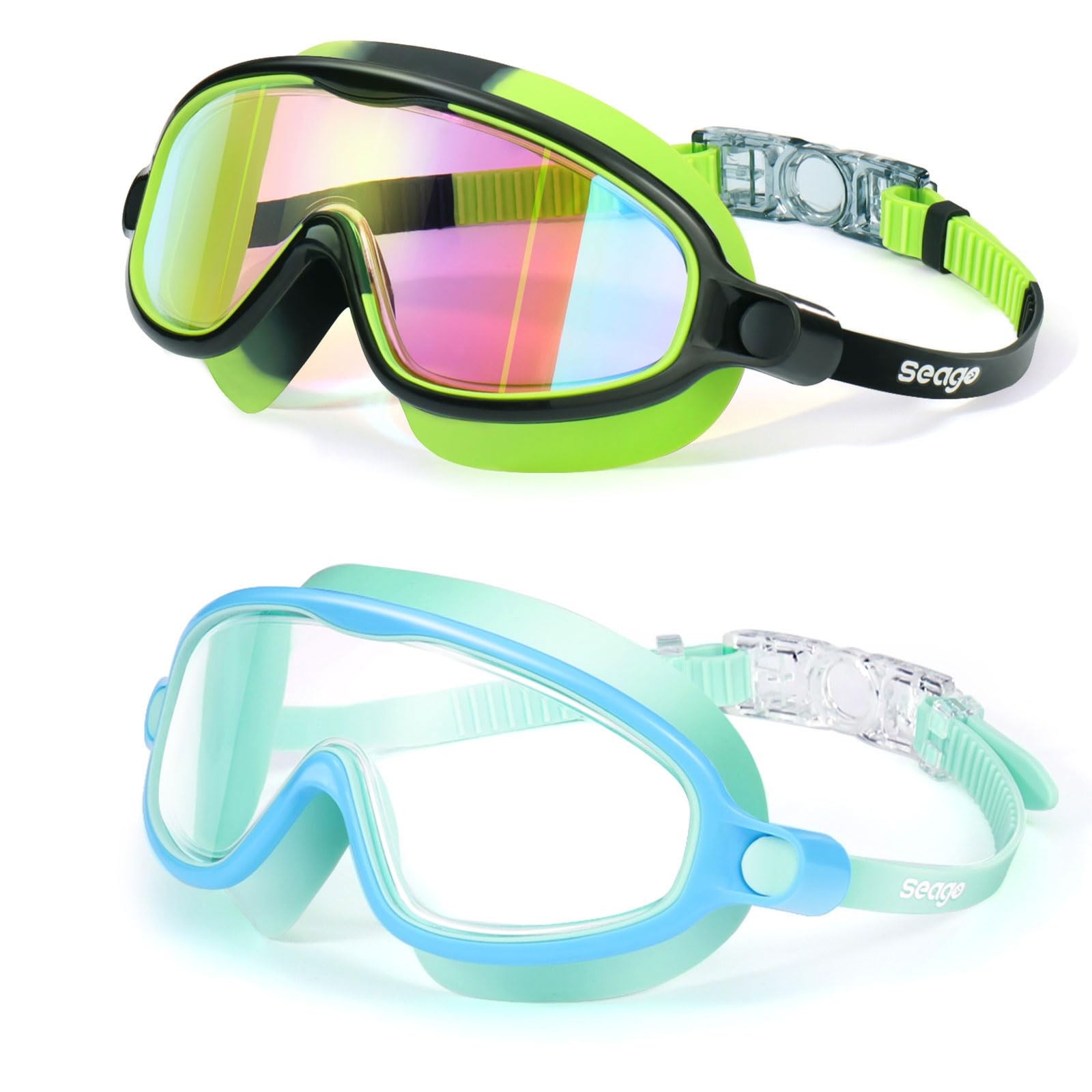 Seago Swim Goggles 2 Pack Anti-Fog 7.08*2.8*2.6in, Light Blue & Black/Green