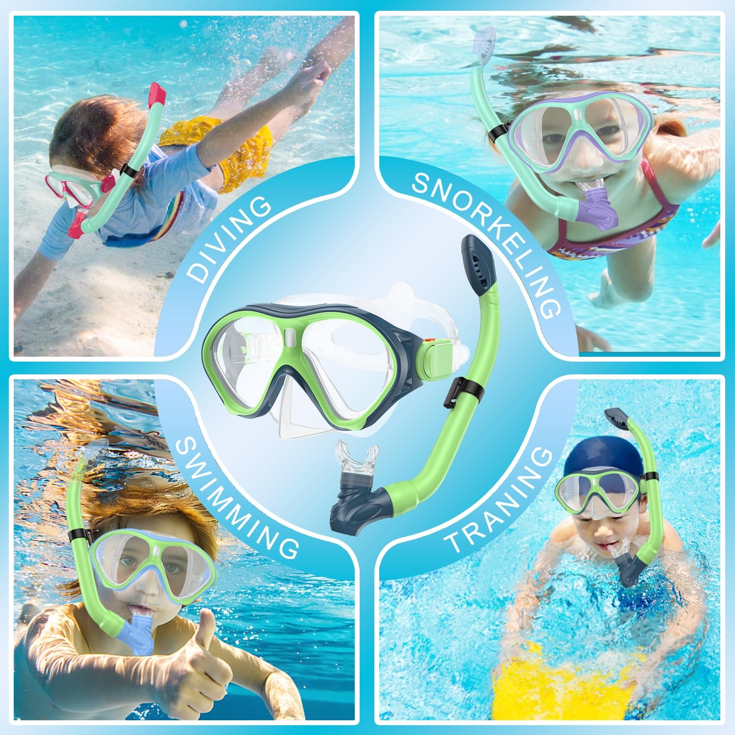 Gintenco Snorkeling Gear for Kids, Dry Top Kids Dark Green/Navy Blue