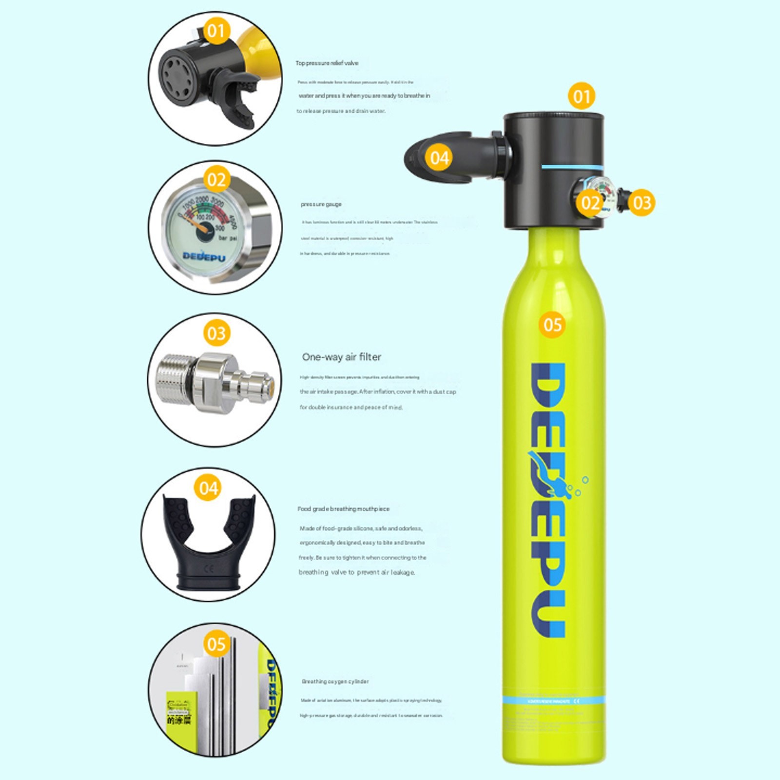 DEDEPU Scuba Diving Kit 1L Oxygen Tank Full Face Diving Mask Set Dive EquipmenD
