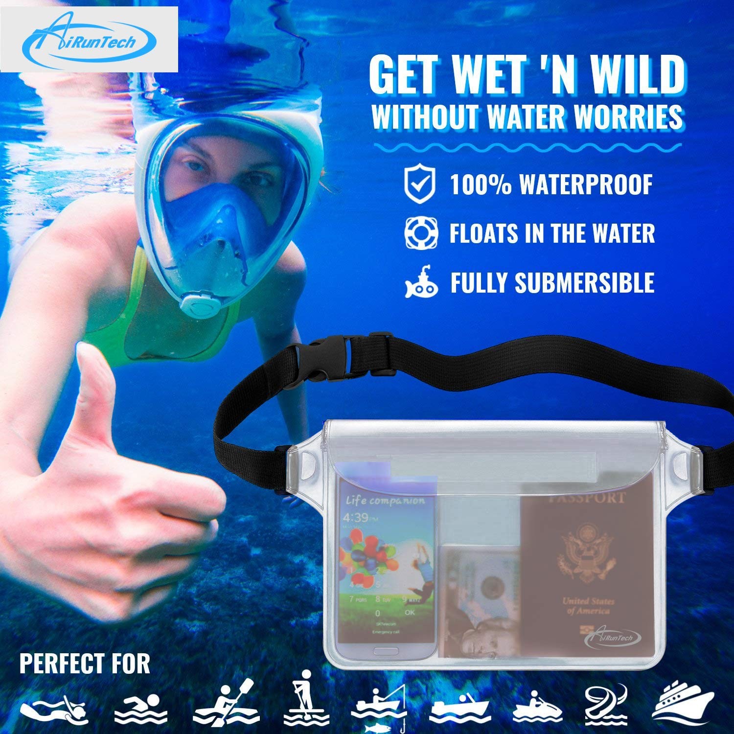 AiRunTech Waterproof Pouch with Waist Strap 2 pack fanny pack, Clear +