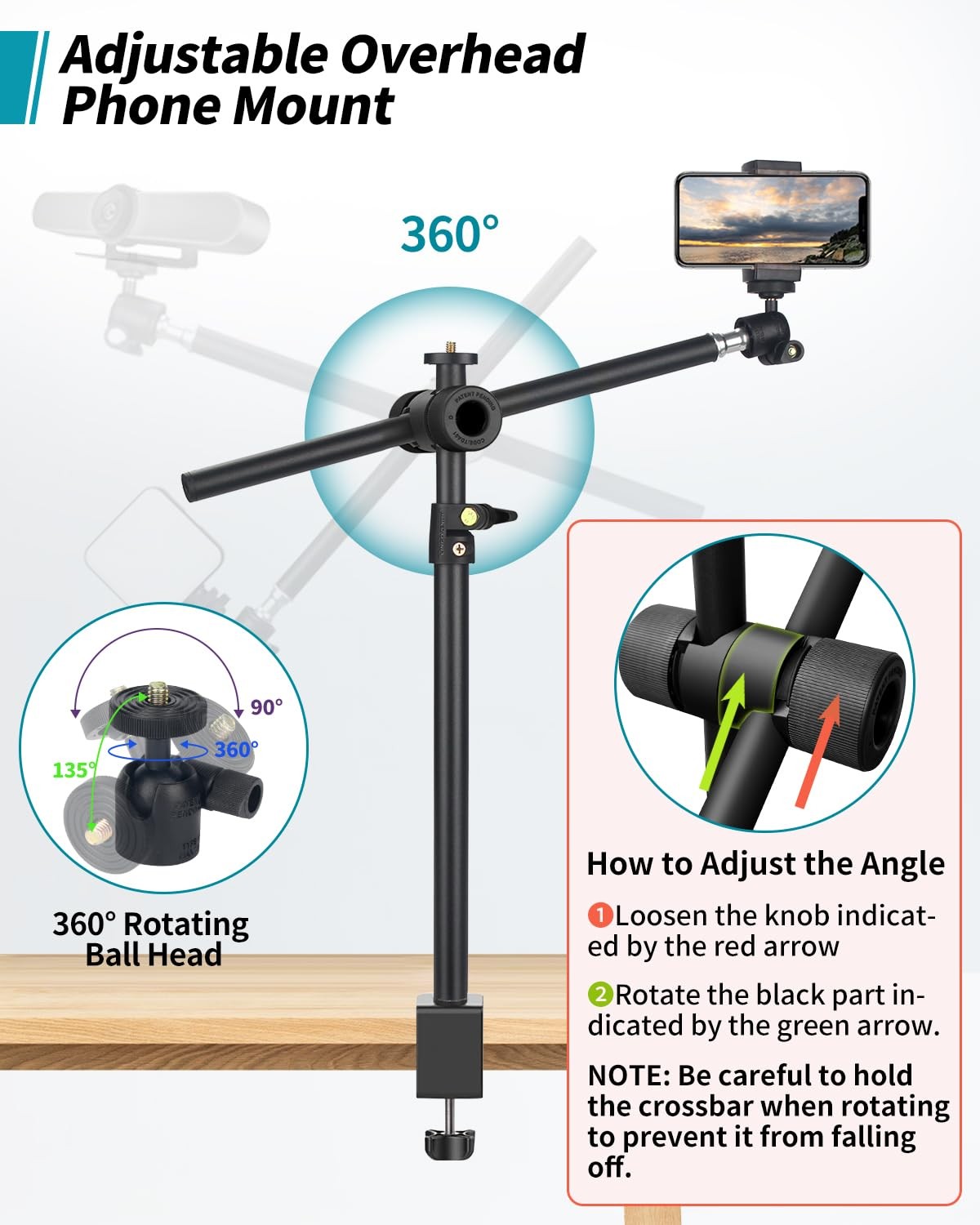 Overhead Camera Mount Desk Stand, Arm Clamp 1DFPGBL, Black