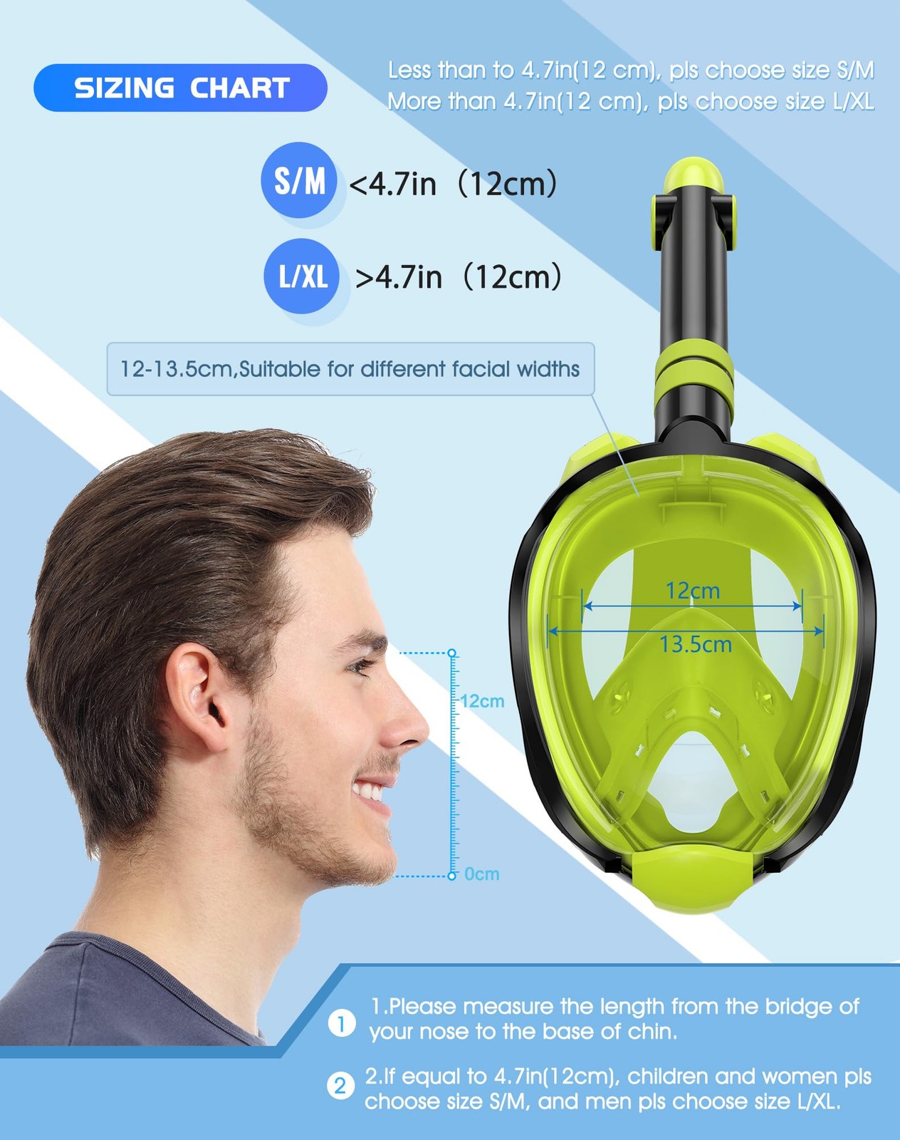 Greatever G2 Full Face Snorkel Mask with Latest Small-Medium, Yellow Green
