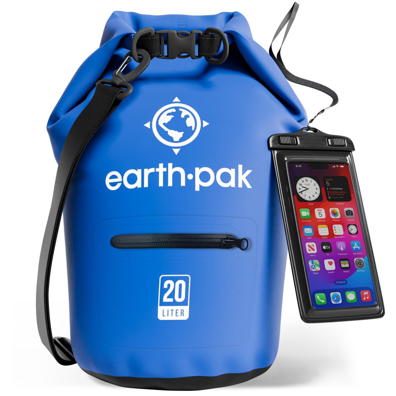 Earth Pak Waterproof Dry Bag with Zippered Pocket – 20L, Blue