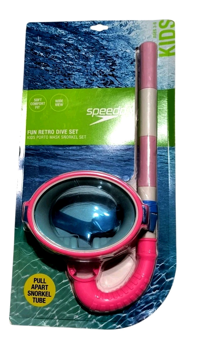Speedo Kid’s Soft Snorkel Mask Set Retro Wide View Pink Pull Apart Snorkel Tube