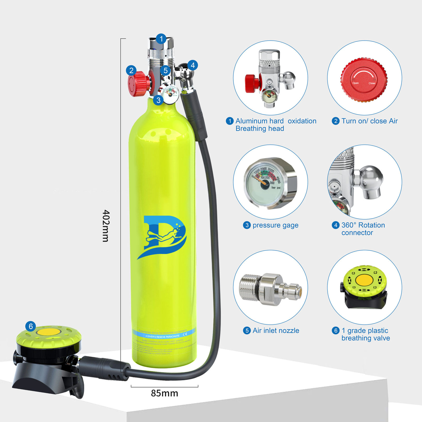 Mini Scuba Diving Tank Kit 1L Oxygen Cylinder Underwater Glasses for 15-20Min