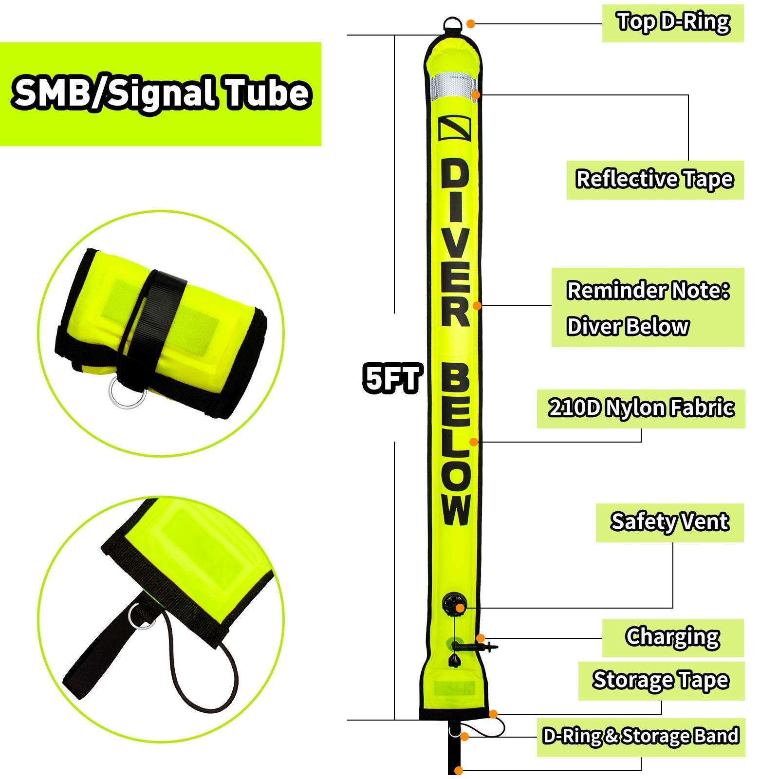 5ft Scuba Diving Surface Marker Buoy (SMB), Safety Sausage with Plastic 98ft …