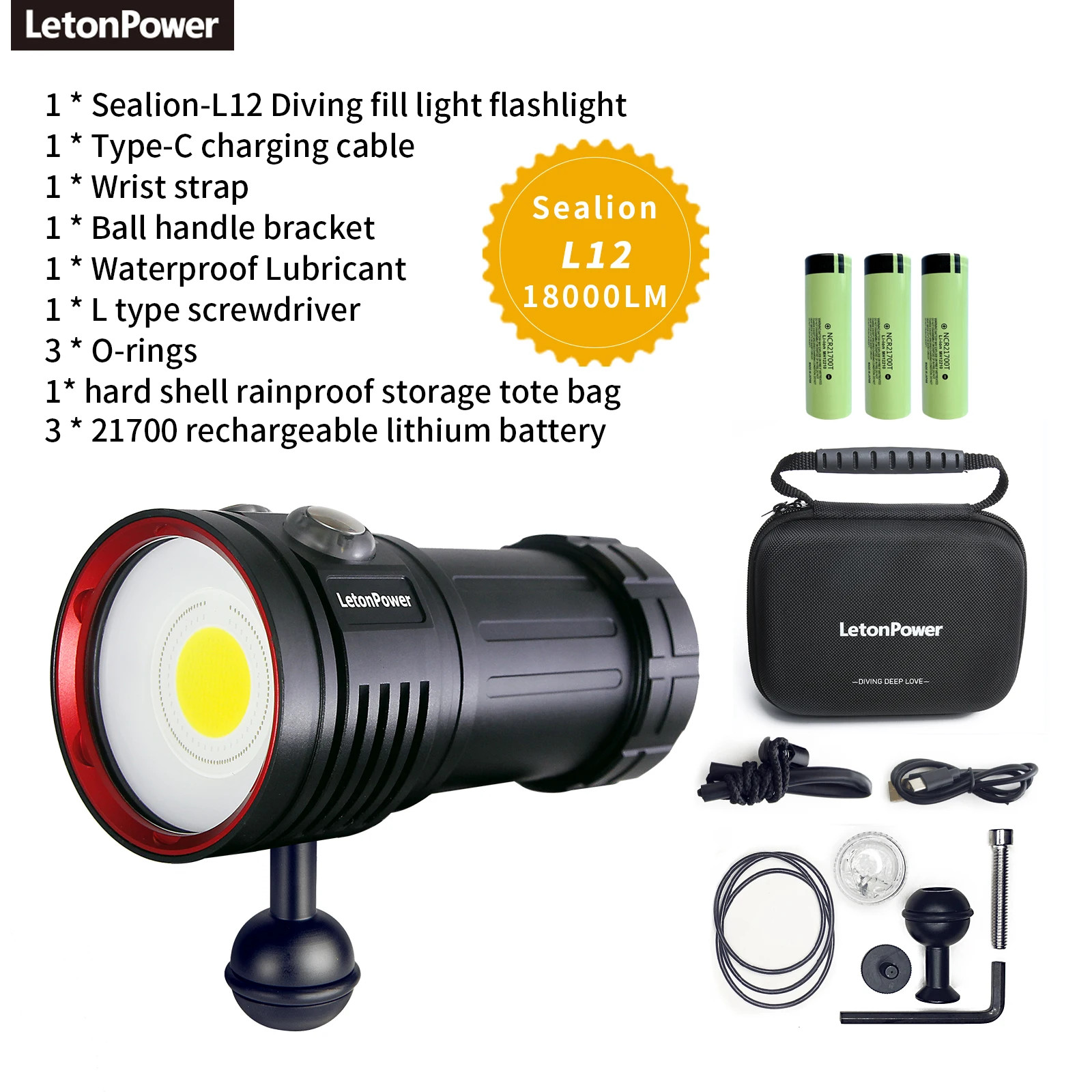 LetonPower Diving Flashlight 18000Lumens rechargeabl Underwater Lighting 100m