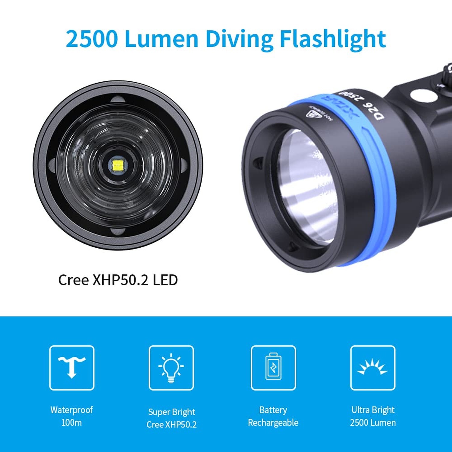 XTAR D26 2500 Lumens Scuba Dive Light Waterproof Diving Torch Submarine Divin…
