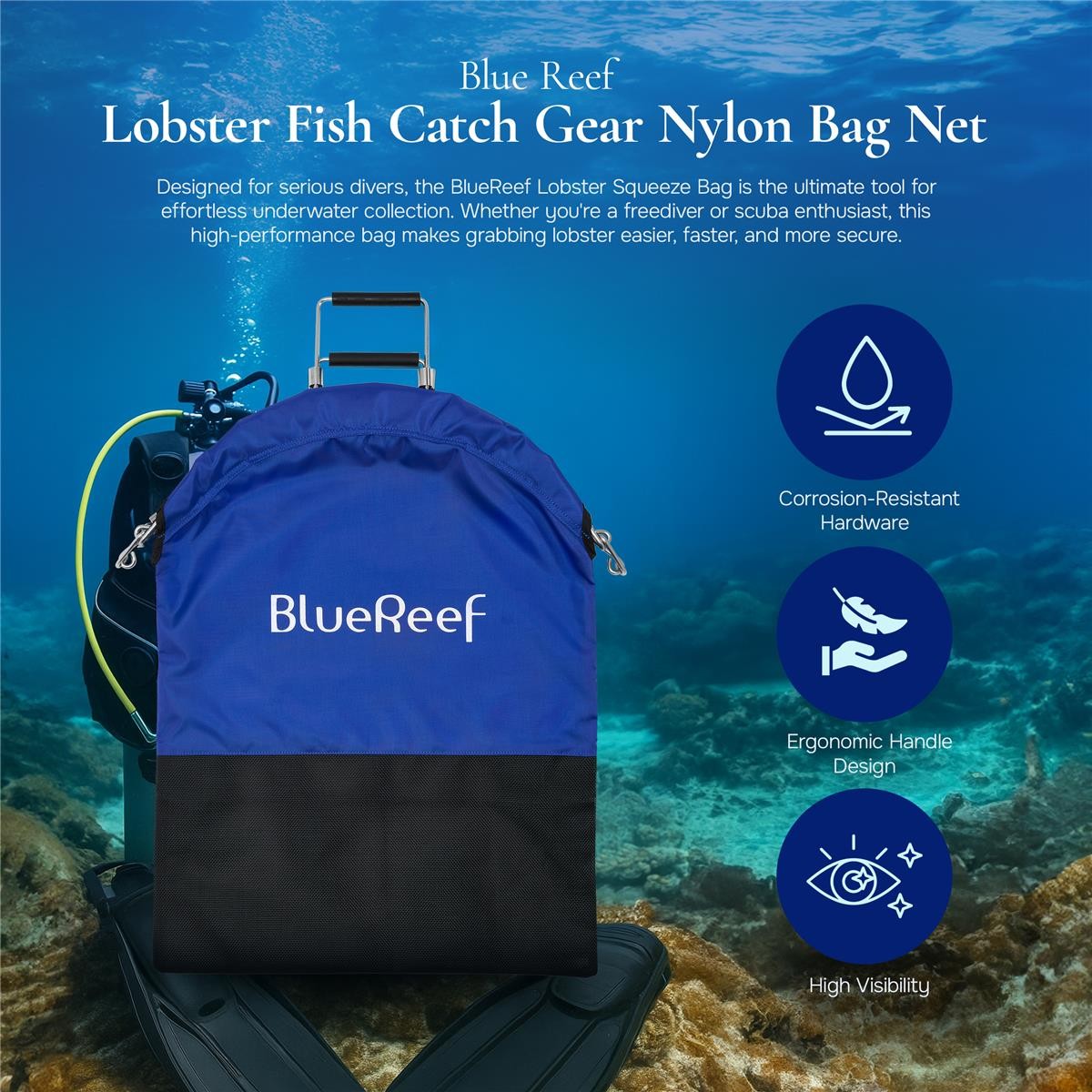 Blue Reef Lobster Fish Catch Gear Nylon Bag Net with Squeeze Open Handle