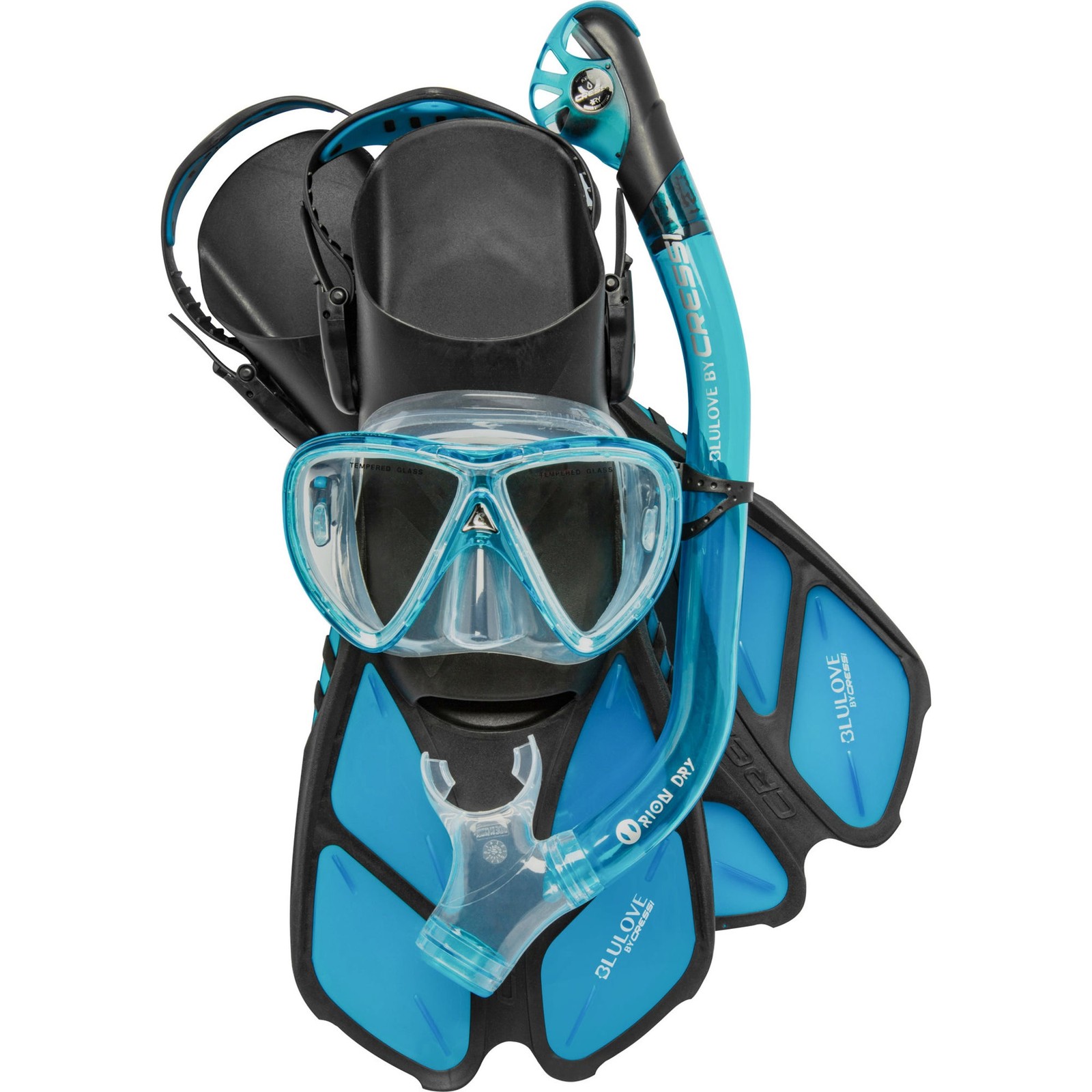 CRESSI Ocean Set, Mask, Dry Snorkel, Fins, Translucent Aquamarine, Size [L/Xl]