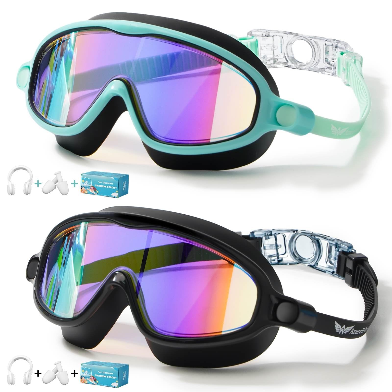 AzureWings 2 Pack Swim Goggles for One Size, Green Mirrored & Black