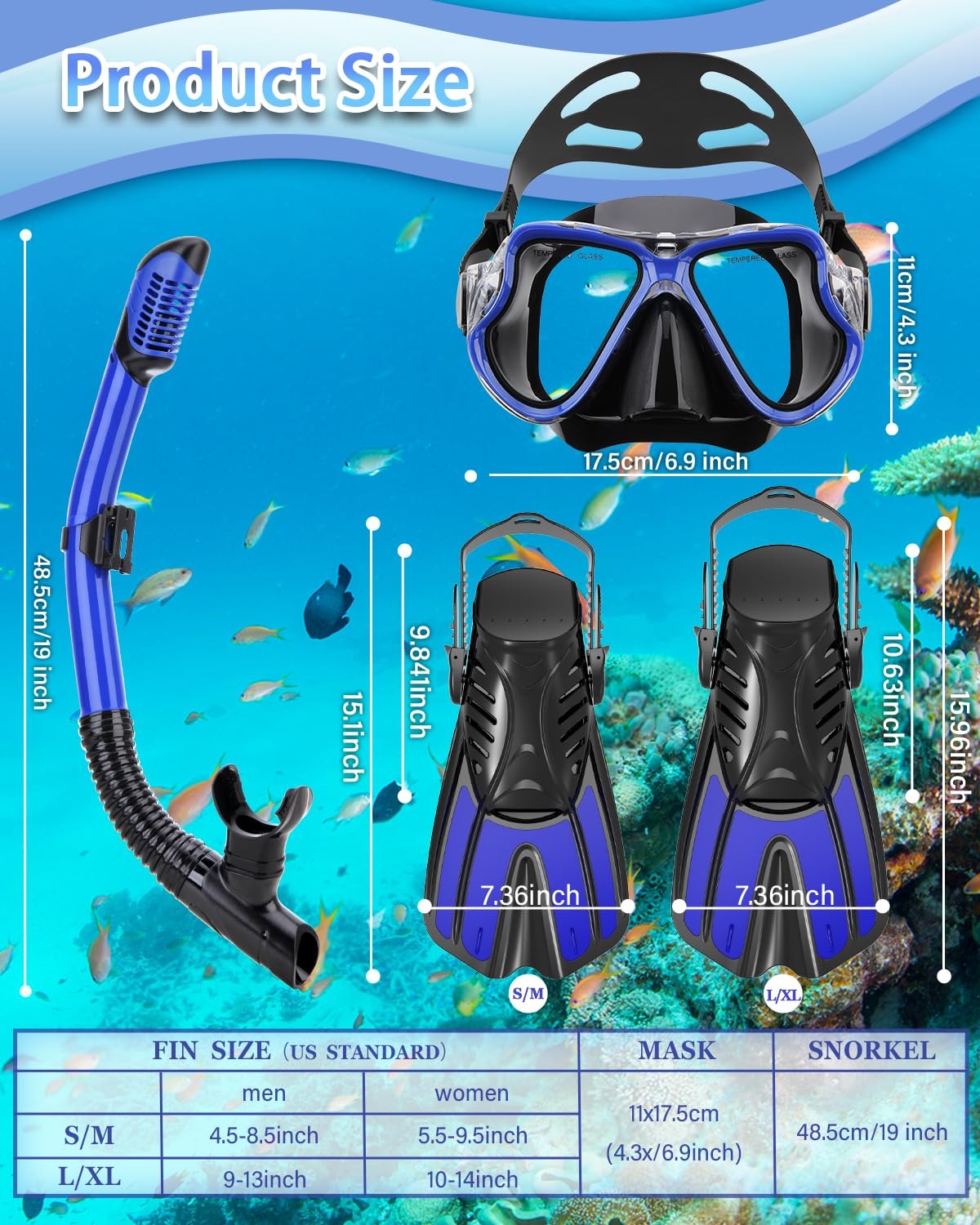 PIYAZI Snorkeling Gear for Adults, 4 in 1 Adult Snorkel Set with 36-41, Blue