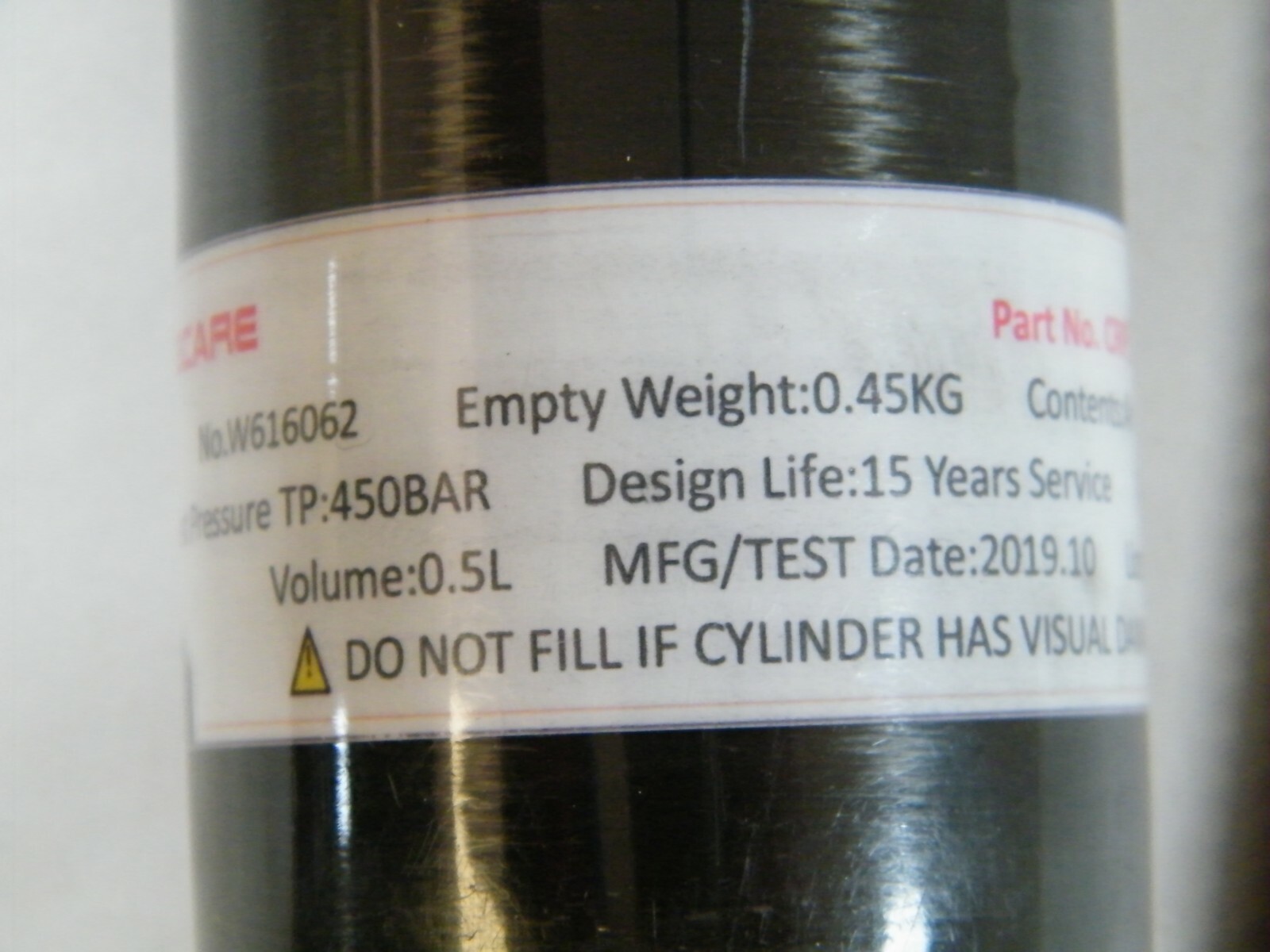 ACECARE 0.5L CARBON FIBER CYLINDER WITH EXTRAS W616062 NO. CRP3-55-0.50-30-T