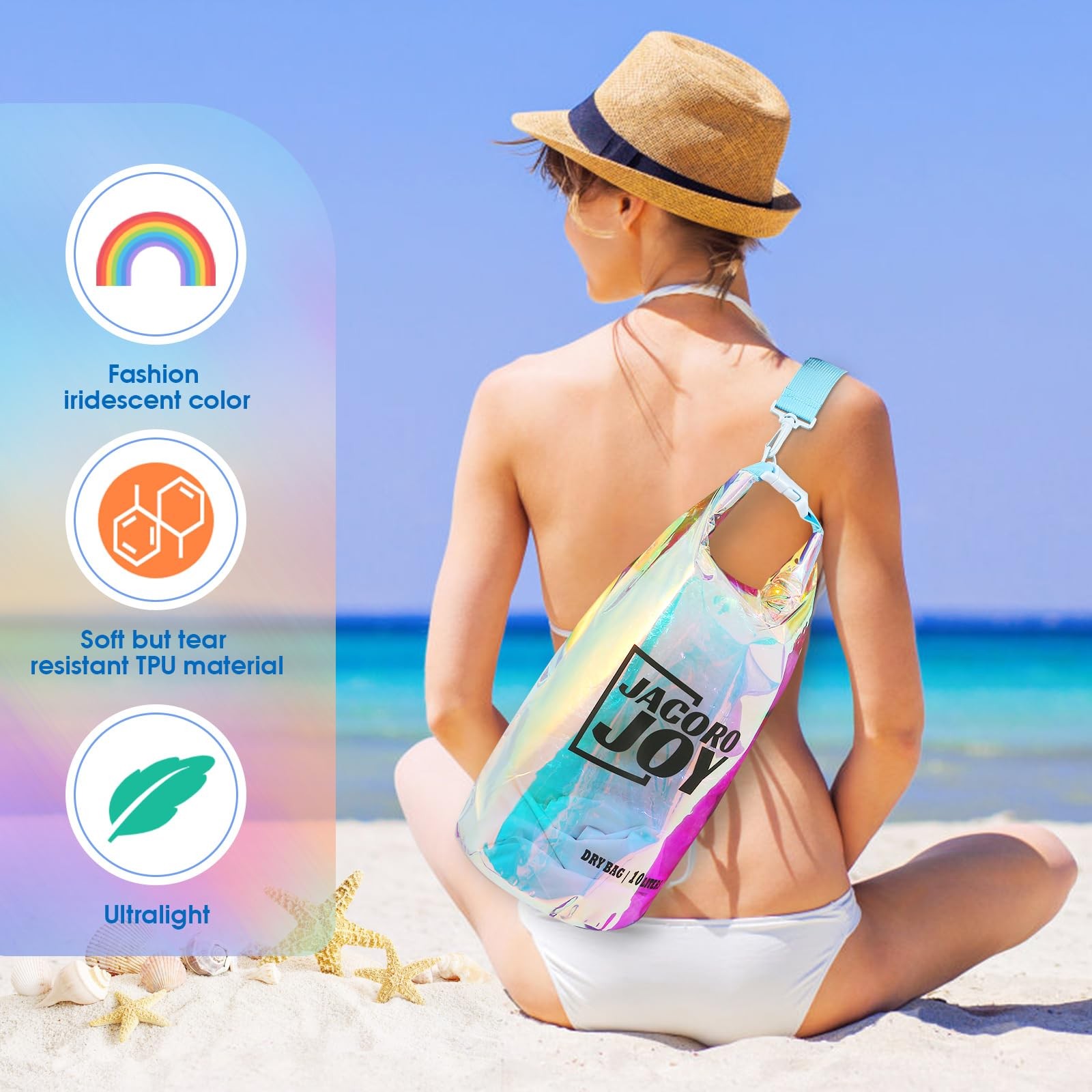 JACORO JOY 10L Dry Bag Iridescent TPU Waterproof Beach 5 Liters, Multi